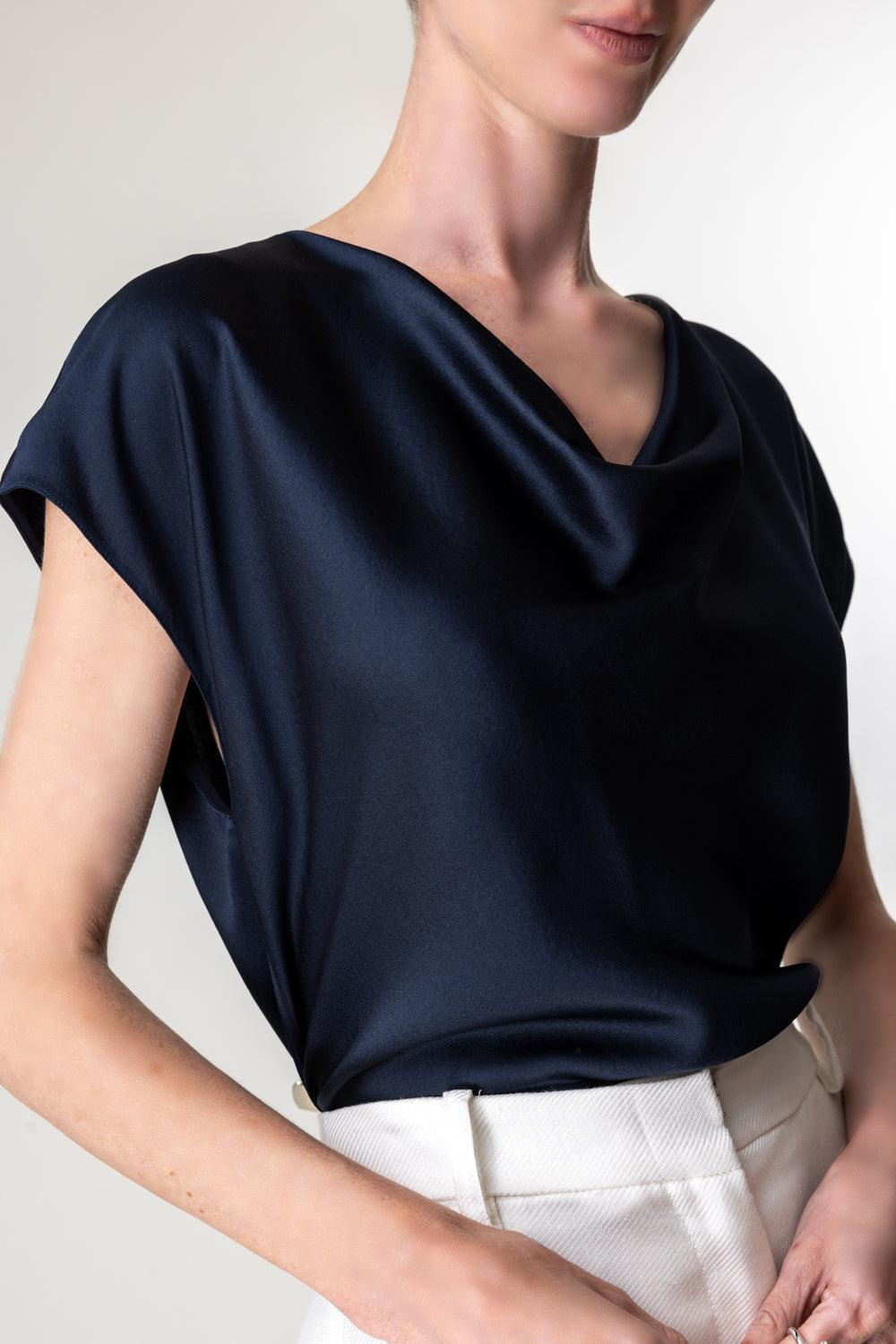 Cowl Neck Cap Sleeve Blouse - Coastal Blue - 3