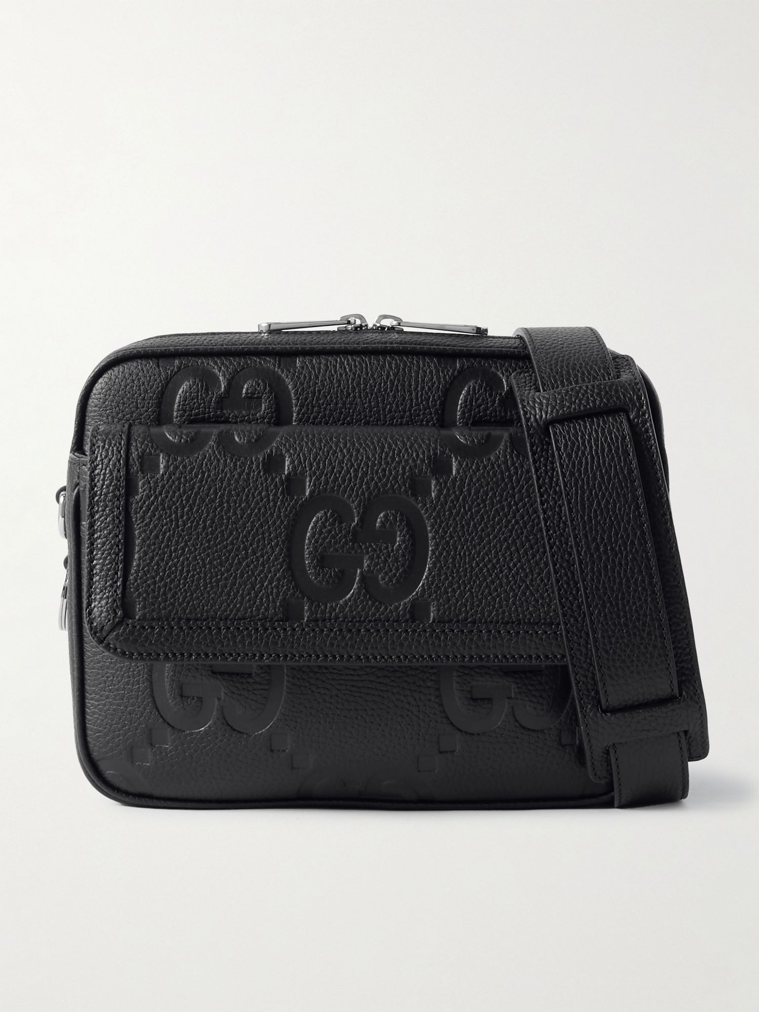 Jumbo GG Logo-Debossed Full-Grain Leather Messenger Bag Black - 1
