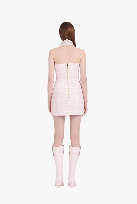 White and pale pink tweed open-back dress with embroideries - 3