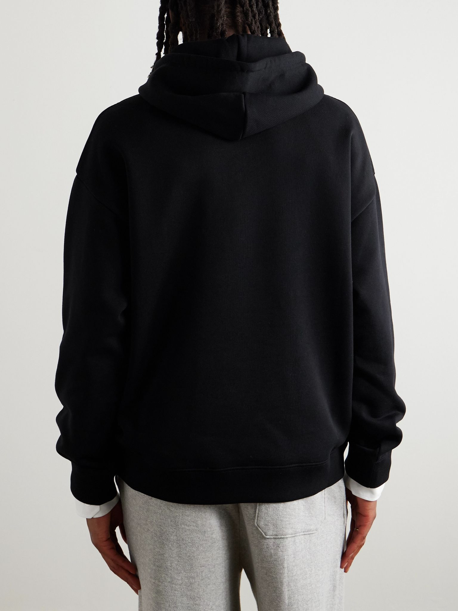 Logo-Debossed Leather-Trimmed Cotton-Jersey Hoodie Black - 3