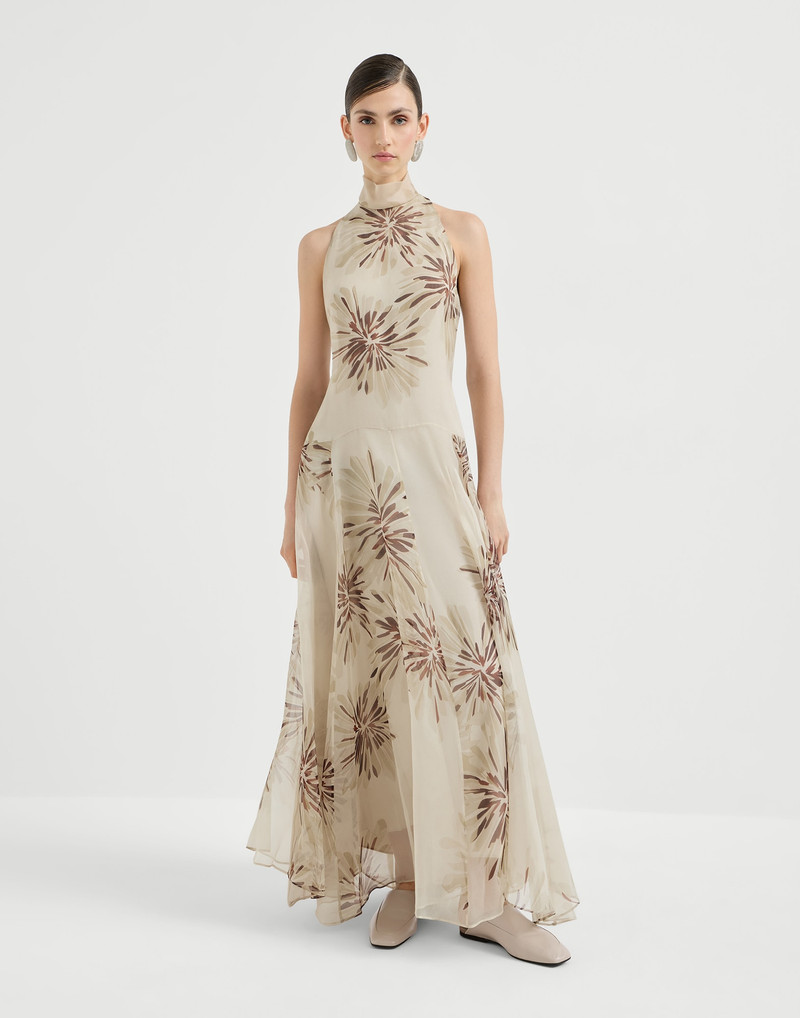 Bloom print silk organza dress with monili 2