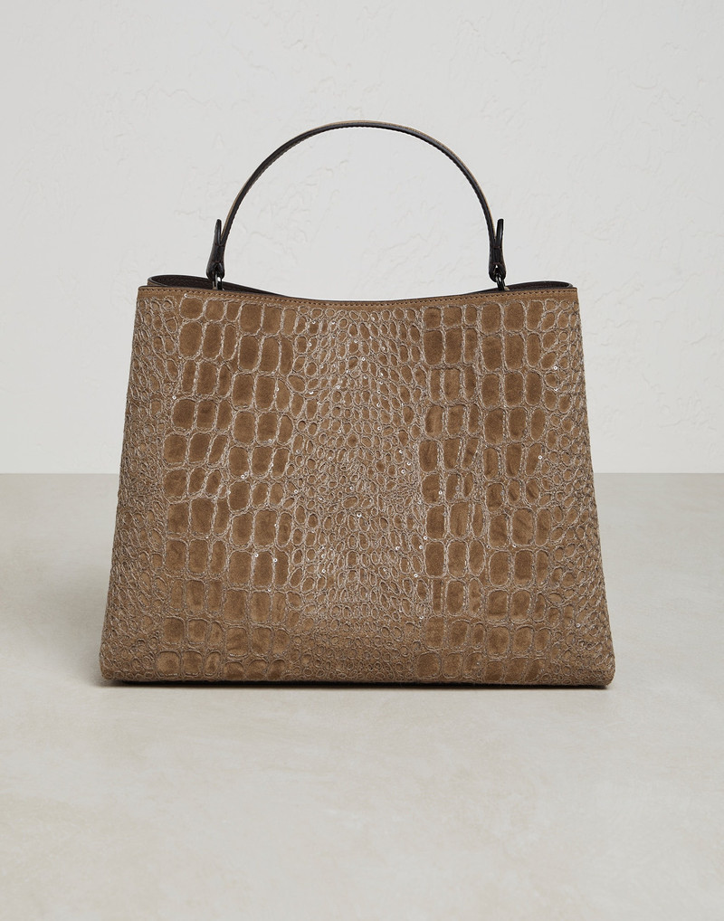 Crocodile embroidery shopper bag in suede with shiny handles 1