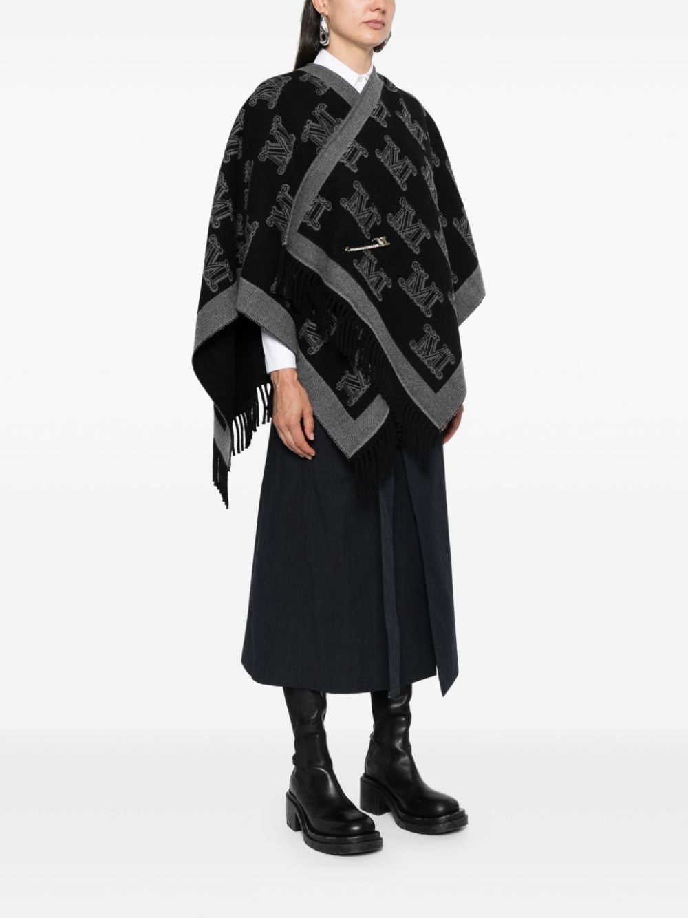 monogram-pattern wool poncho - 3