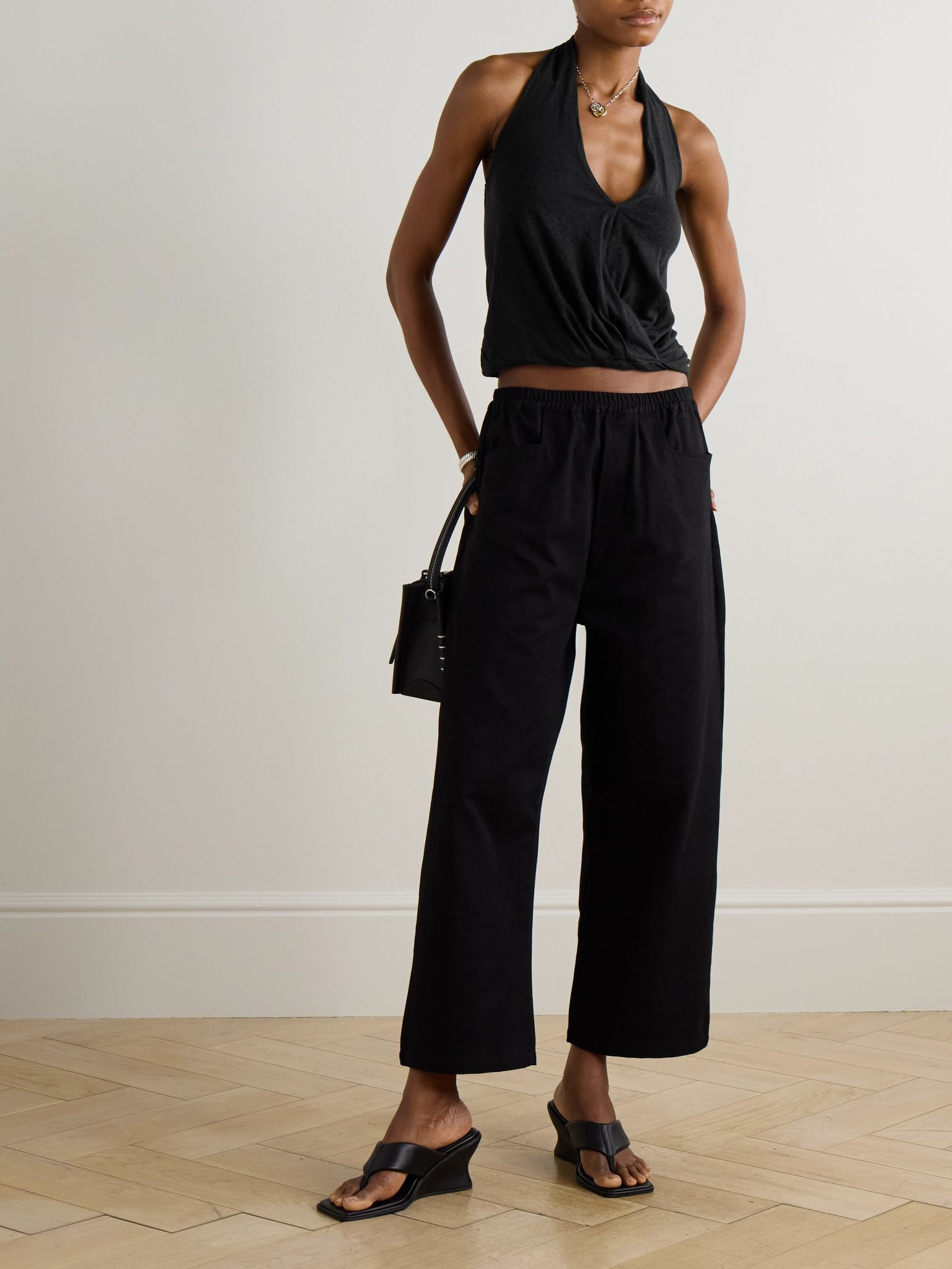 Slub linen and Lyocell-blend jersey wrap-effect top Black - 2