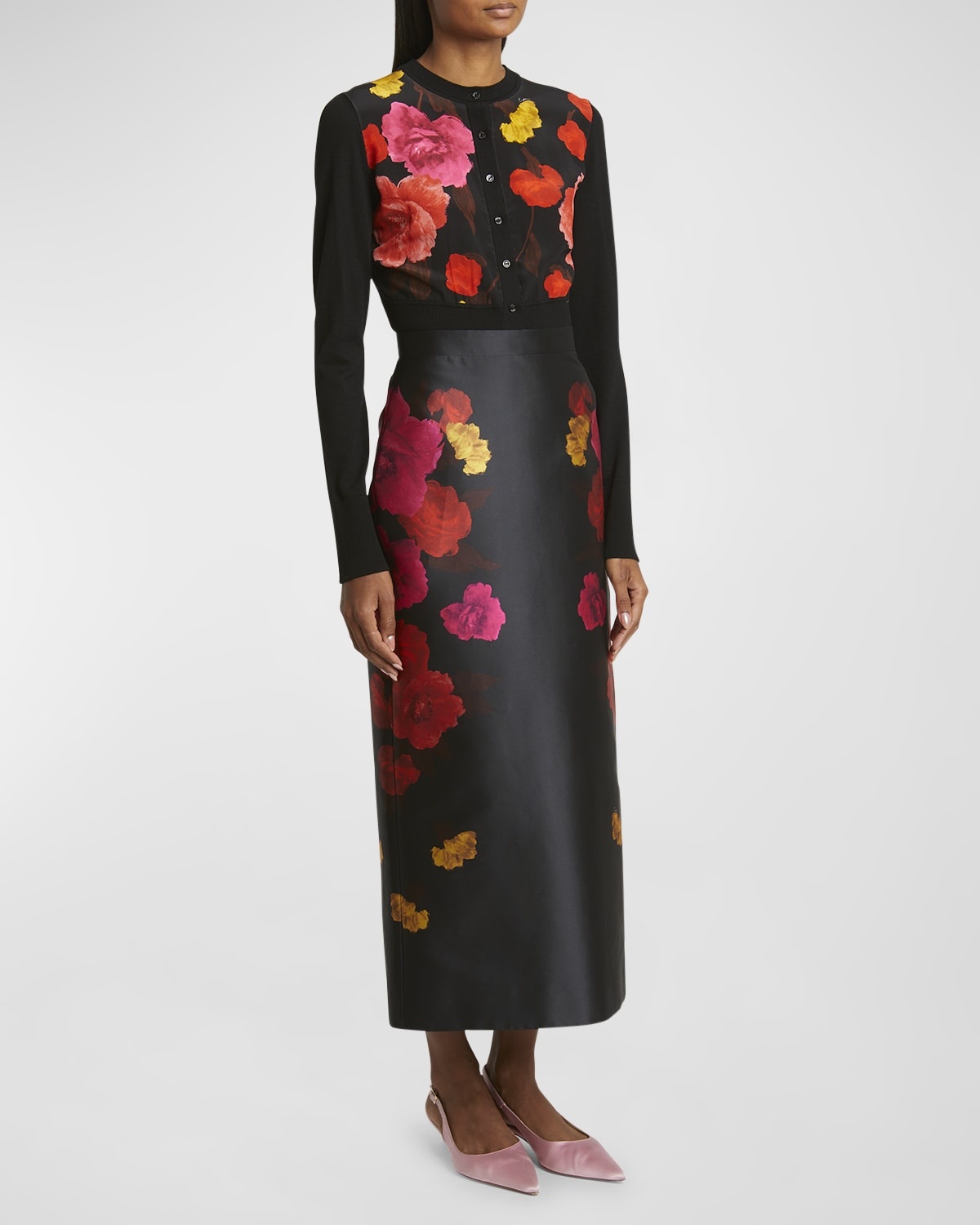 Beaded Floral Silk Midi Pencil Skirt - 3