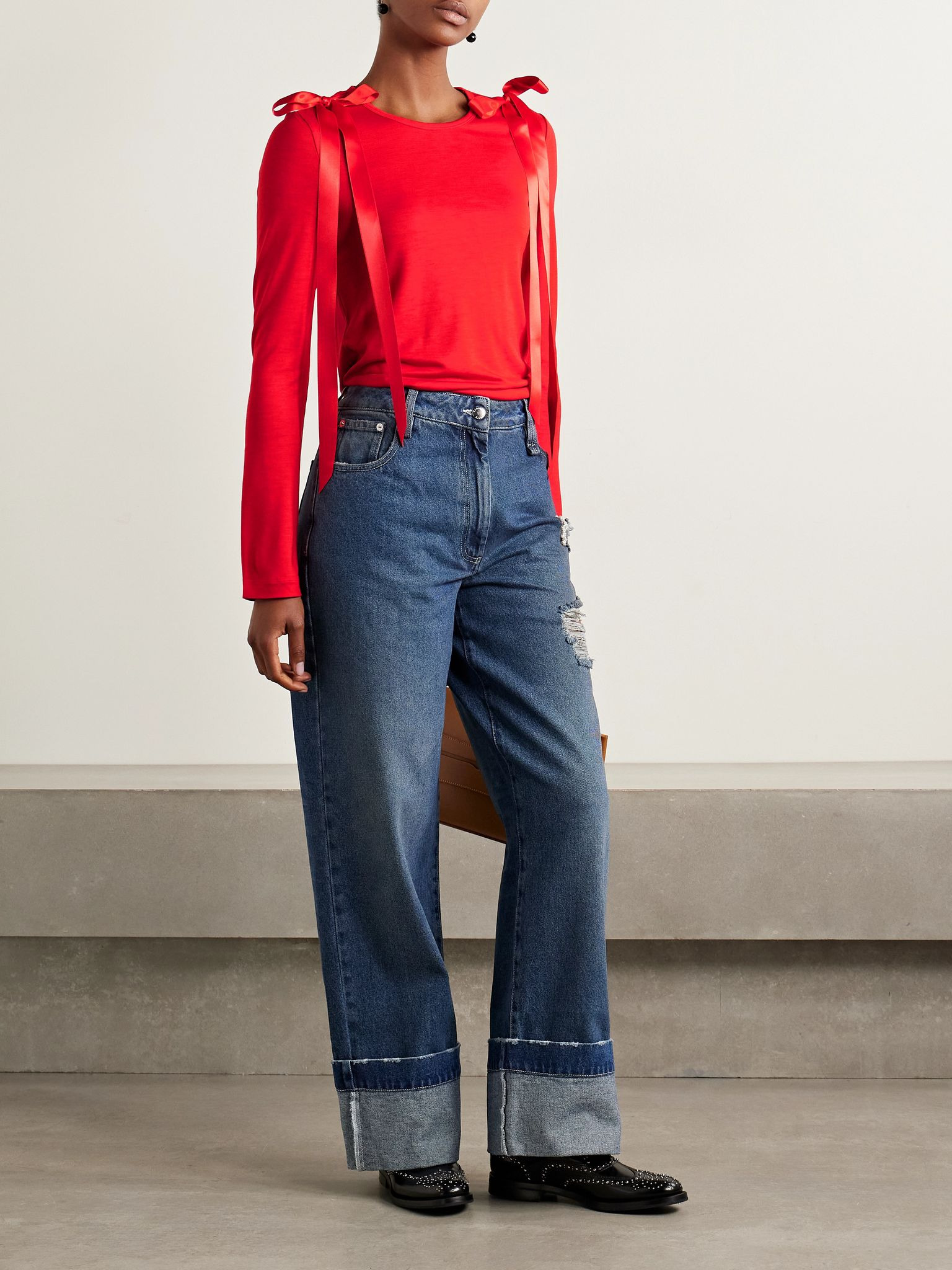 Bow-embellished satin-trimmed Lyocell-jersey top Red - 2