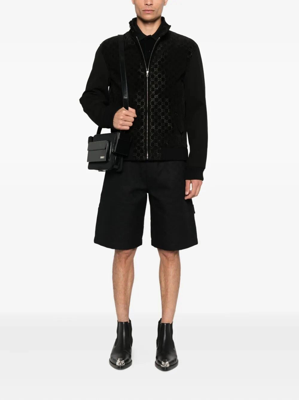 Gucci Men `Gg` Leather Bomber Jacket - 2