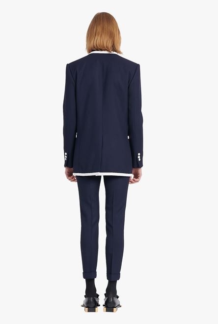 Navy blue wool blazer with embroidered Balmain logo and double-breasted white buttoned fastening - 3