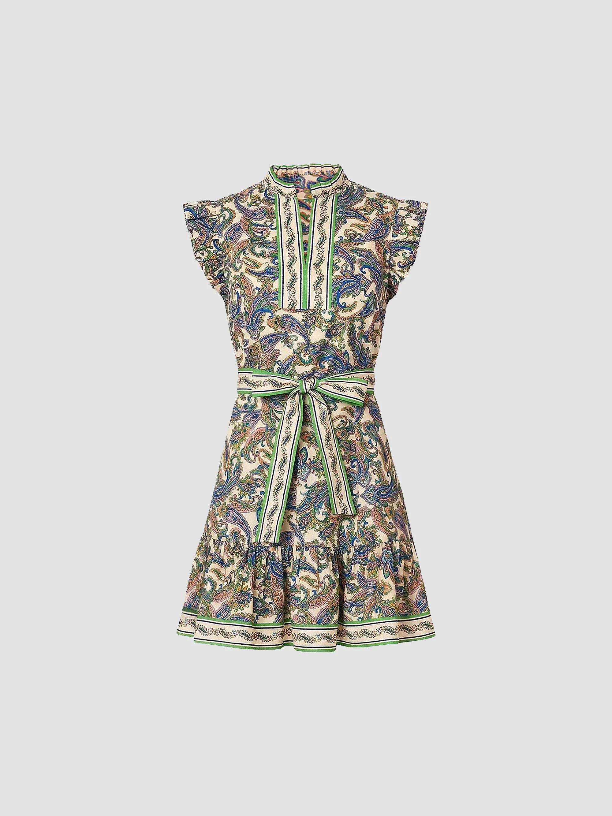 Women's Leah Paisley Stretch-Cotton Tie-Waist Mini Dress - Ivory Multi - 1