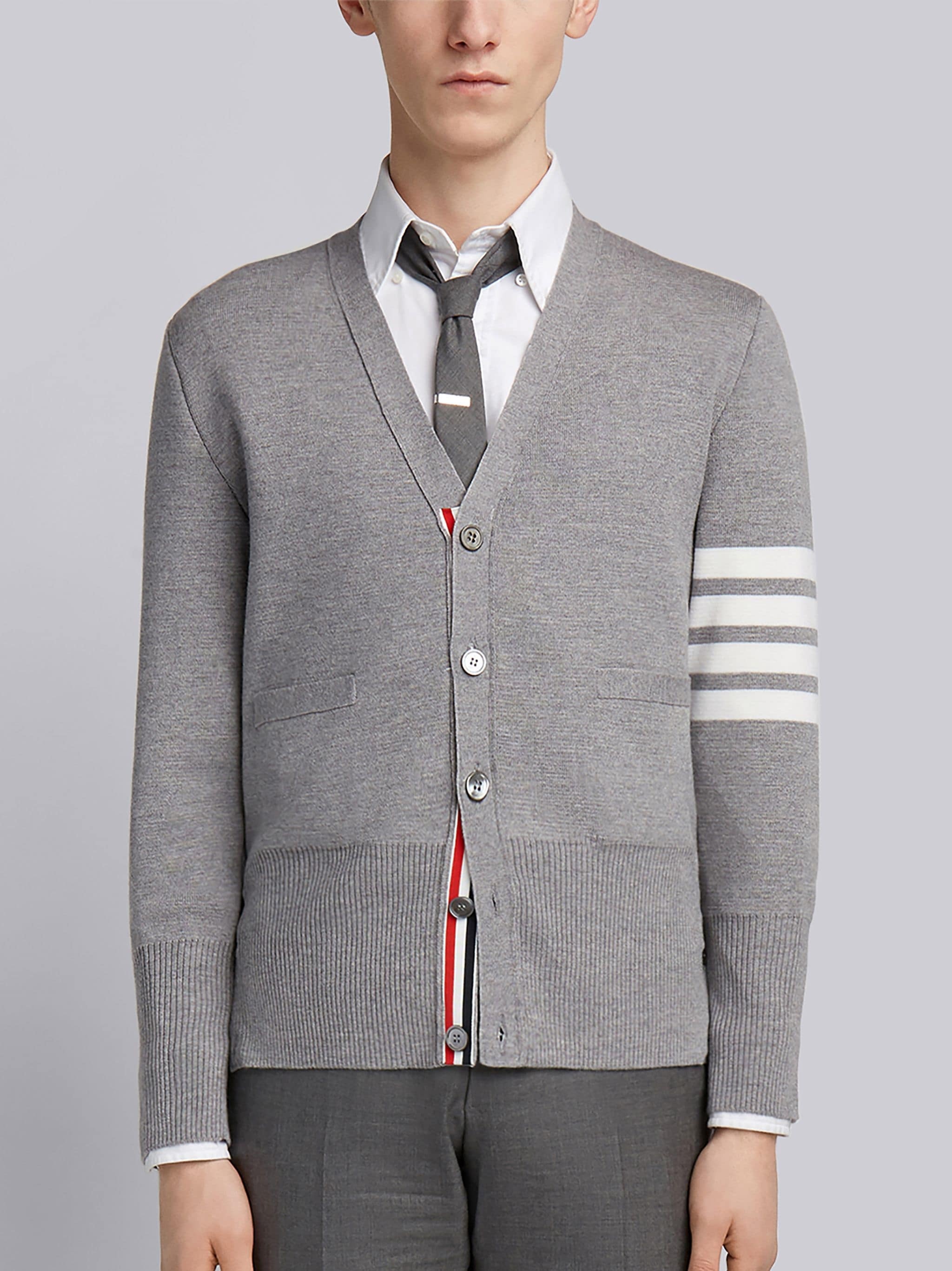 Thom Browne Light Grey Milano Stitch Fine Merino Wool 4-Bar V-Neck