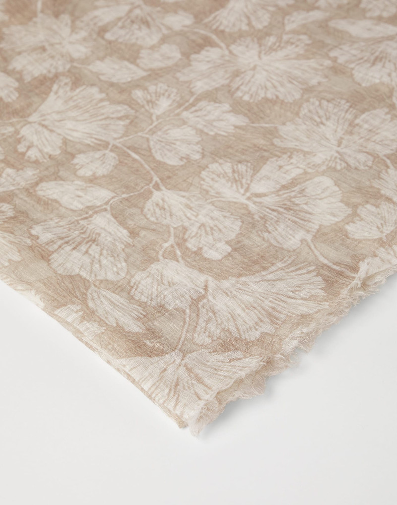 Brunello Cucinelli Ginkgo print linen scarf outlook