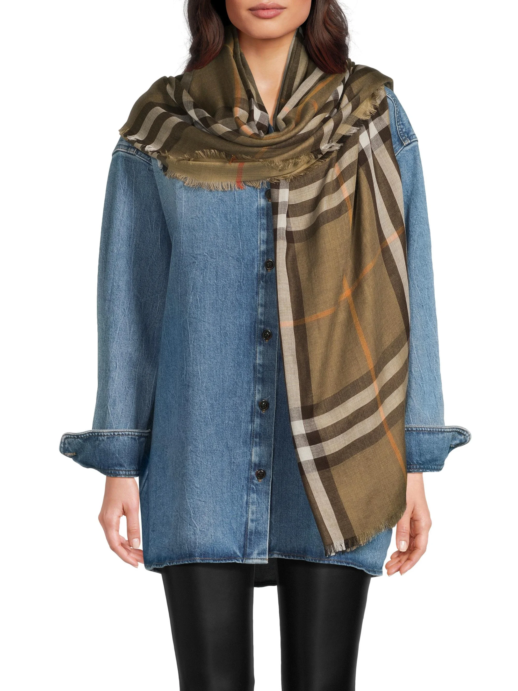 Women's Reversible Check Wool-Silk Scarf - Sand Vole Brown - 1