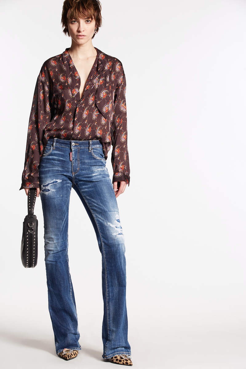 DARK RIPPED WASH MEDIUM WAIST FLARE JEAN - 1