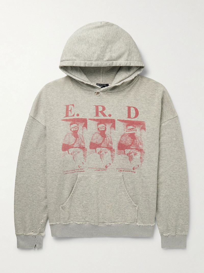 Distressed Logo-Print Cotton-Jersey Hoodie Gray 1