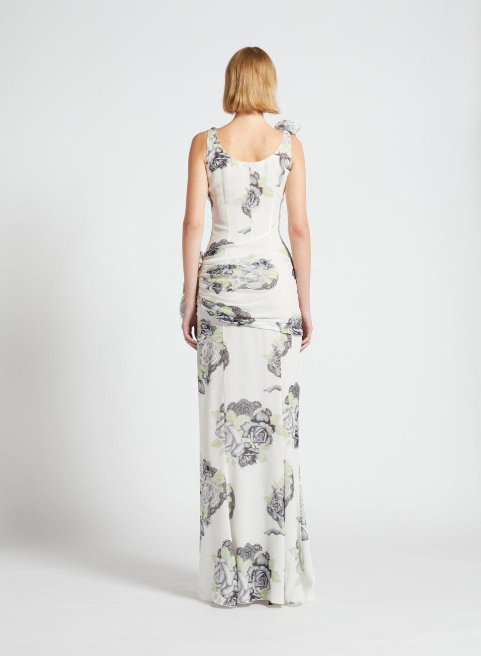 ROSE PRINT SILK GEORGETTE EVENING DRESS W/ VOLANT - 5