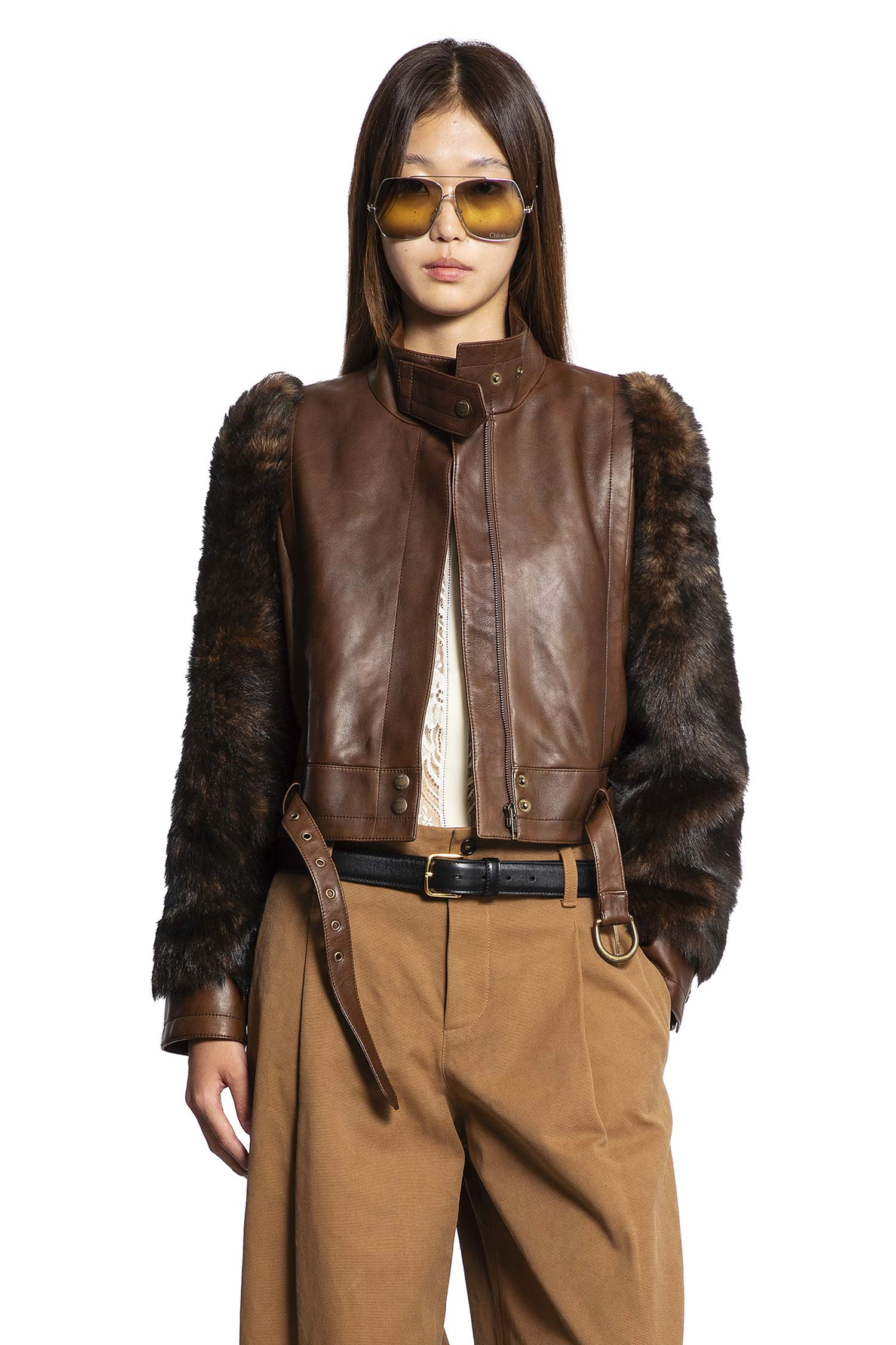 High-neck Short Jacket In Leather - 1