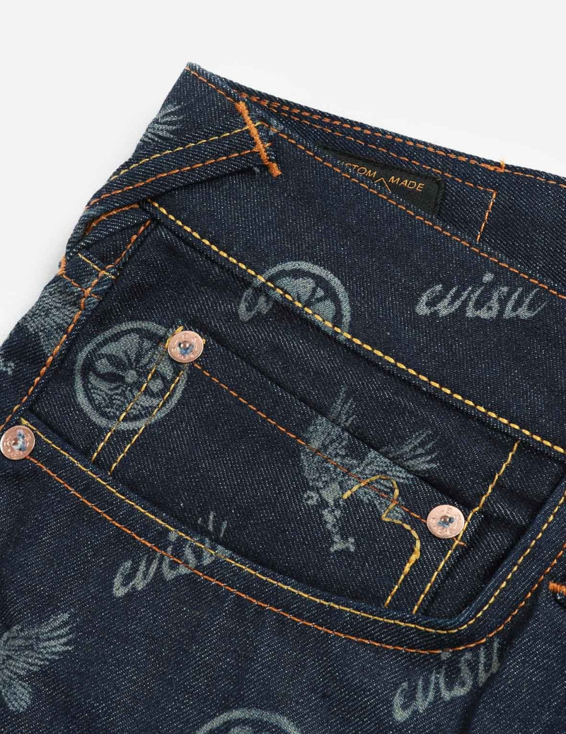 ALLOVER KAMON AND EAGLE PRINT DENIM SHORTS 7