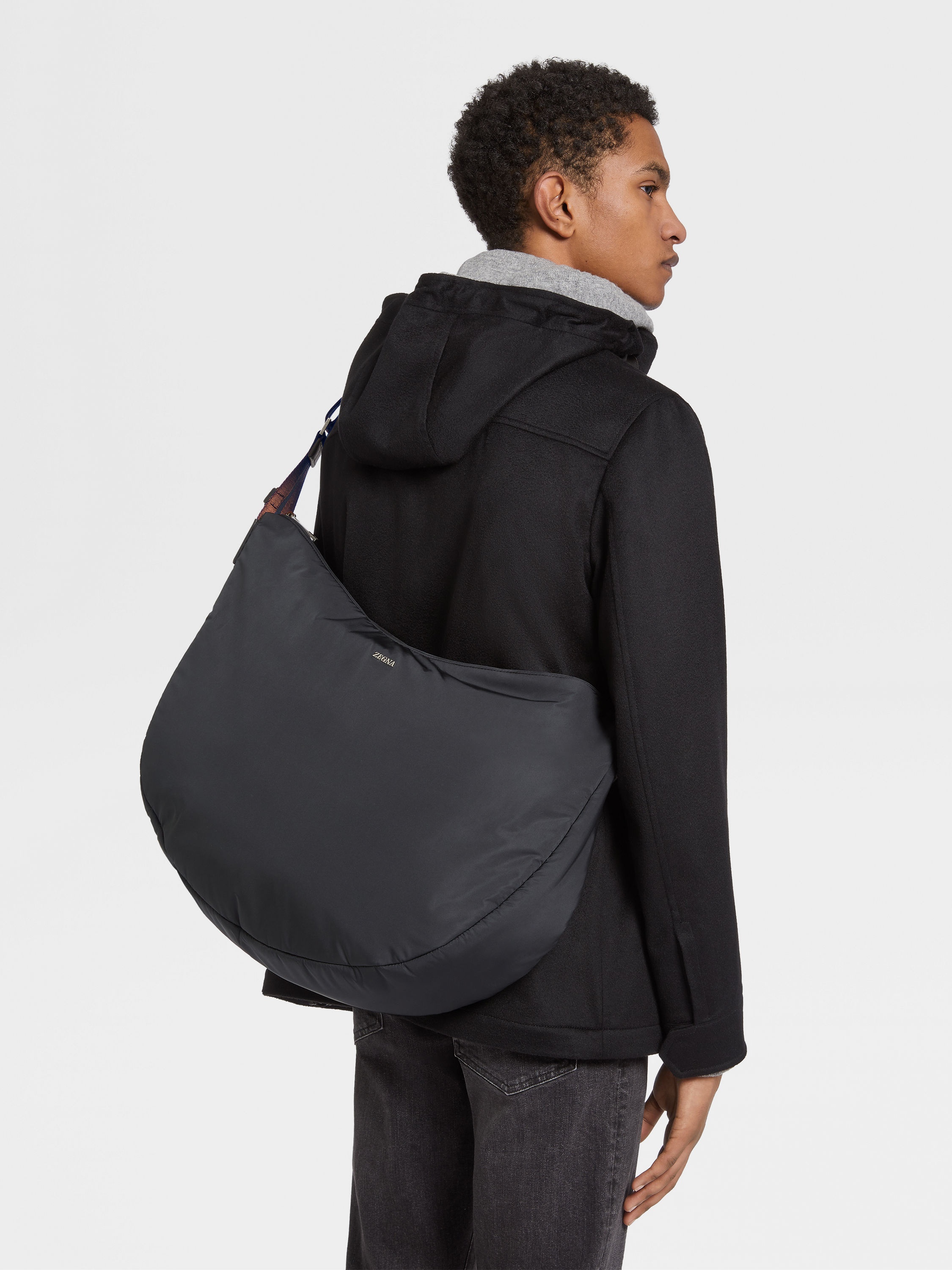 BLACK TECHNICAL FABRIC PANORAMA HOBO BAG - 2