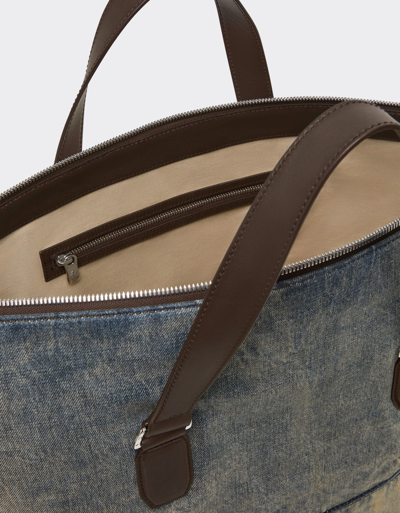 Acid-washed denim and leather duffle bag 6