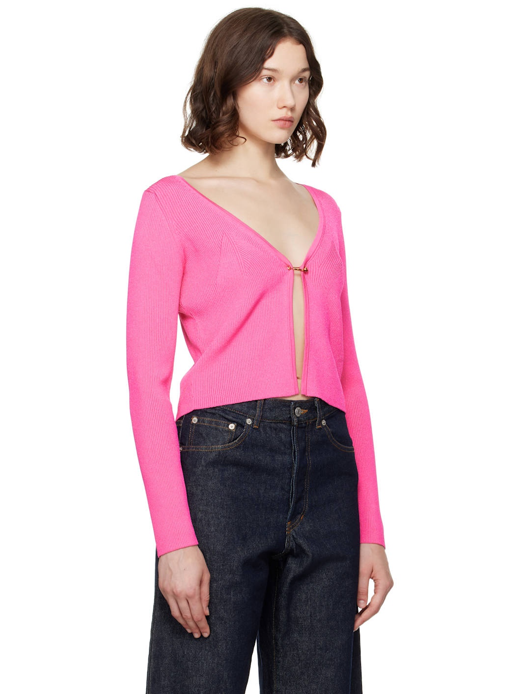 Pink Safety Pin Ribbed Knit Fitted Cardigan - 2