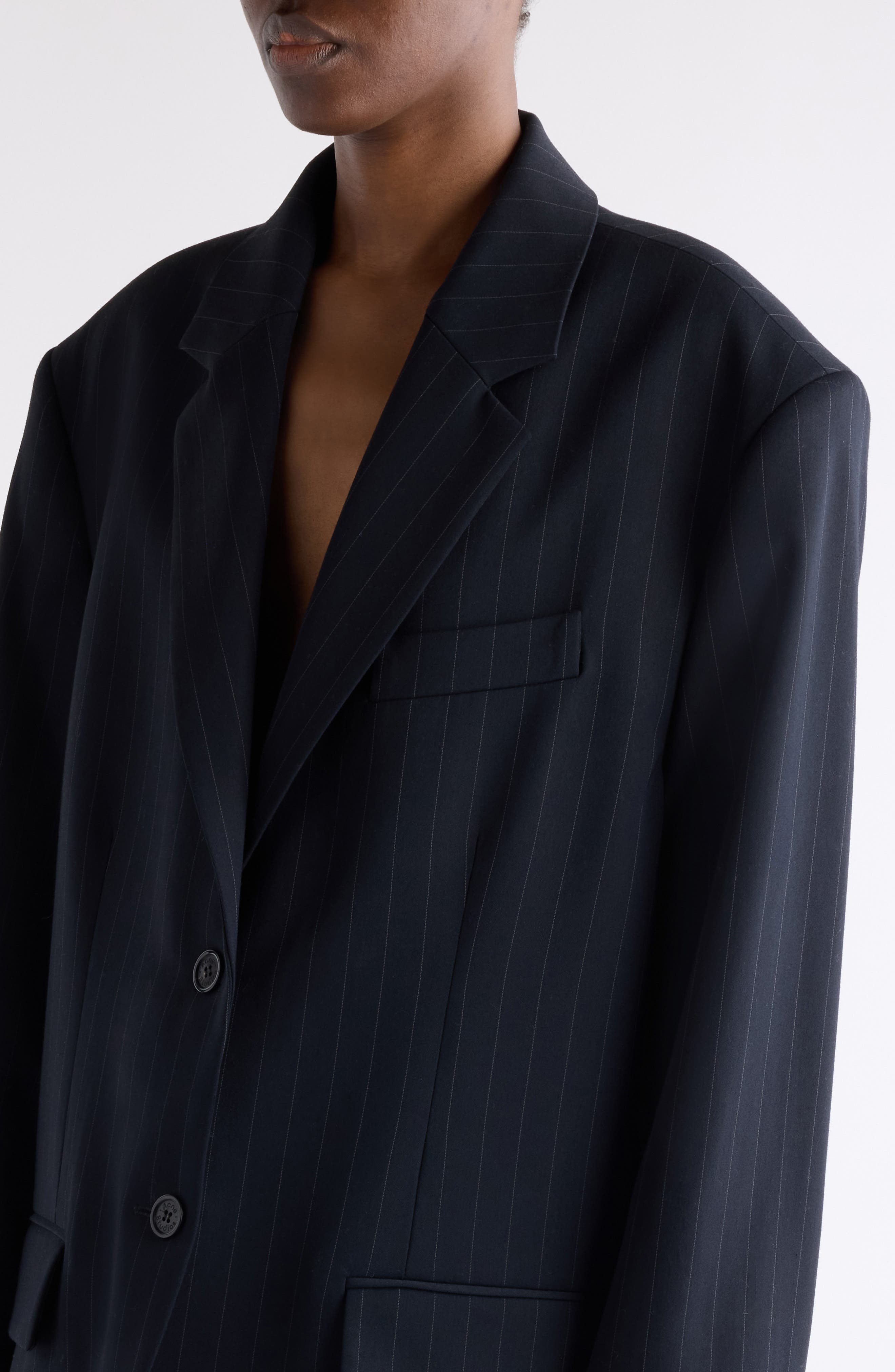 Acne Studios Julaga Layered Fluid Pinstripe Blazer in Navy at Nordstrom - 6