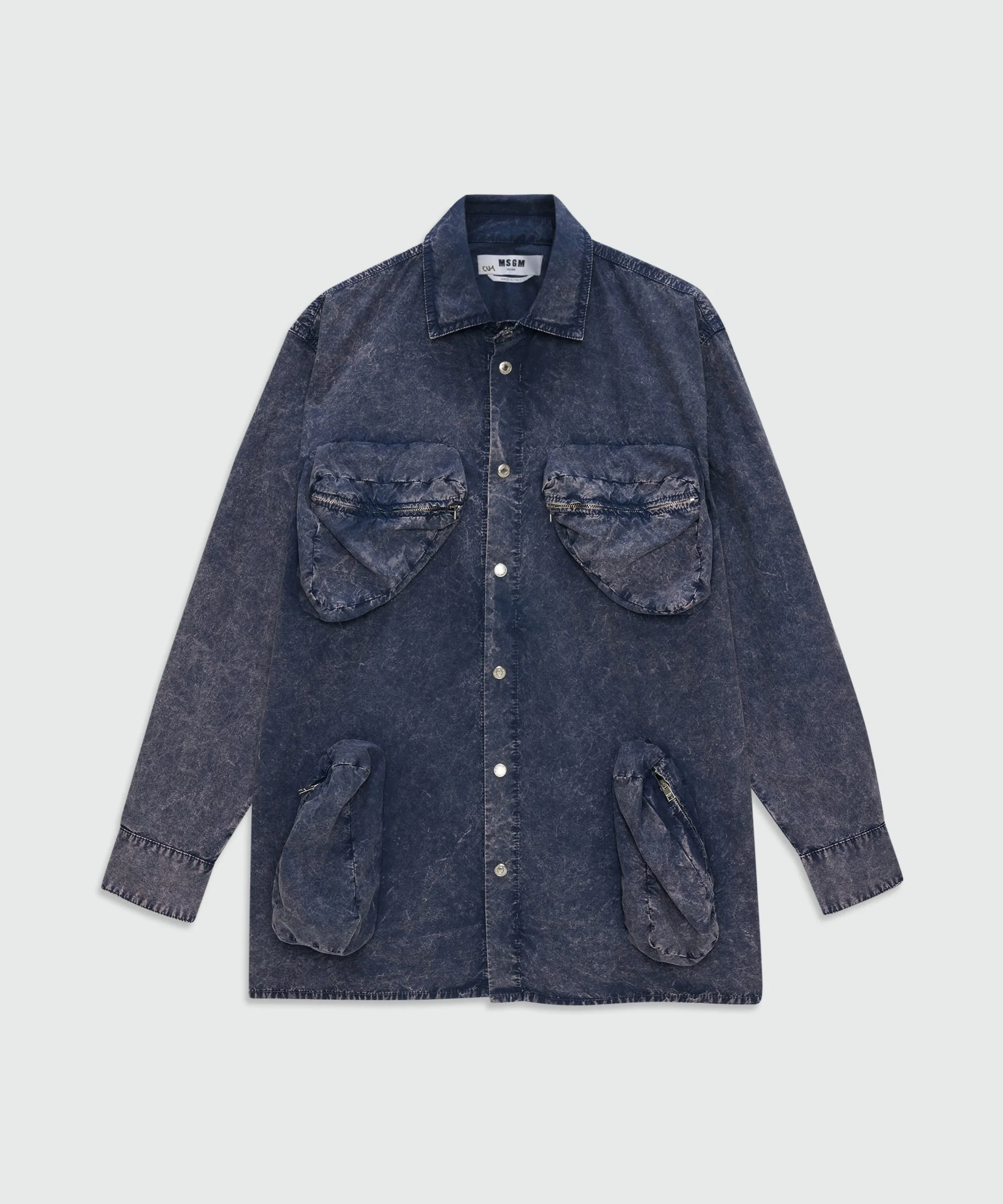 Navy blue cotton poplin shirt with marbled wash effect and three-dimensional zip chest pockets - 1