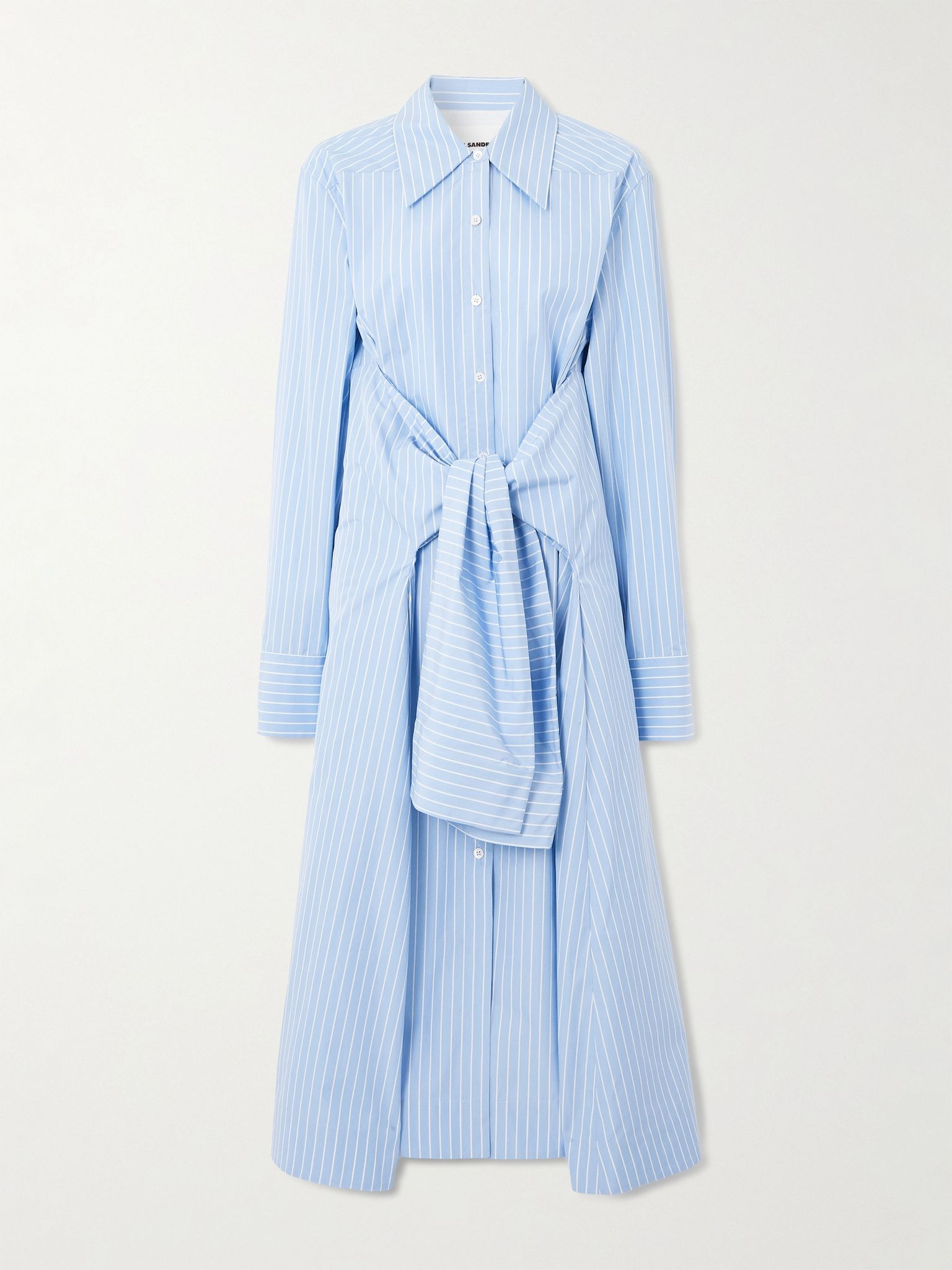 Bow-detailed striped cotton-poplin midi shirt dress Blue - 1