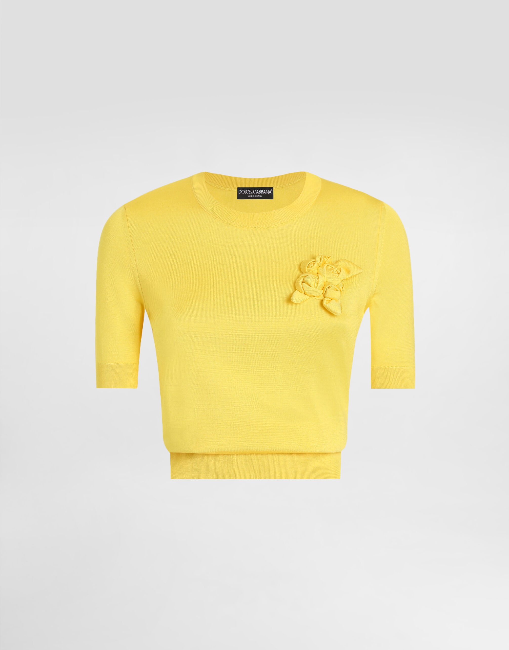 Short-sleeved silk sweater with flower embellishment - 1