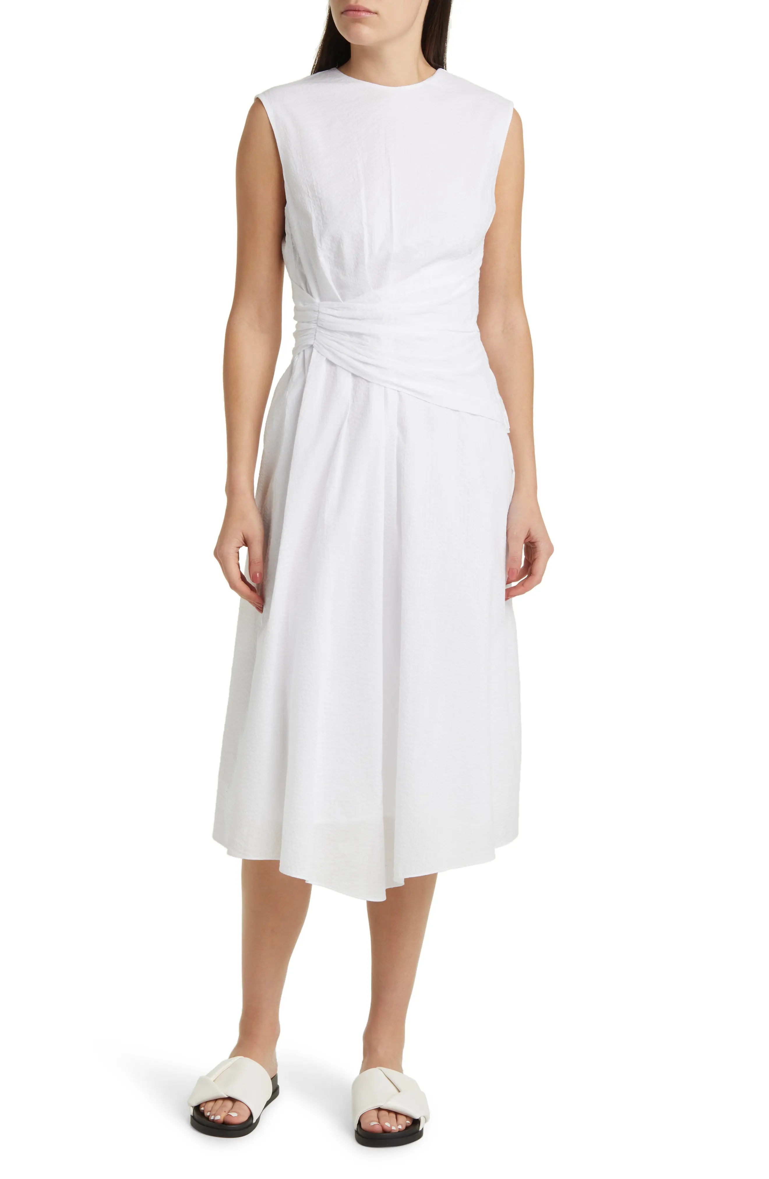 Ruched Sleeveless Cotton Midi Dress - 1