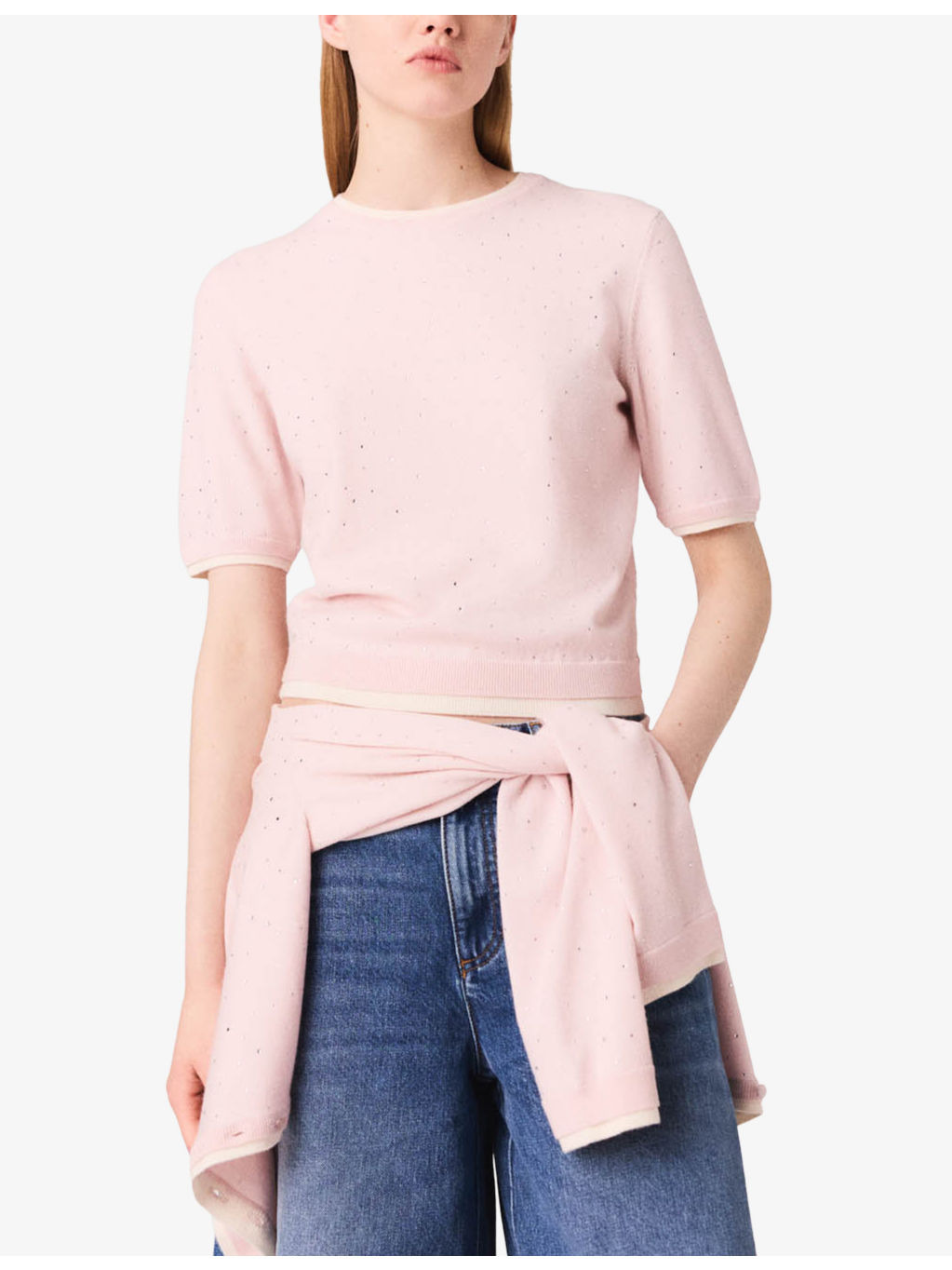 Rhinestone-Embellished Short-Sleeved Stretch Wool-Blend Jumper - 3