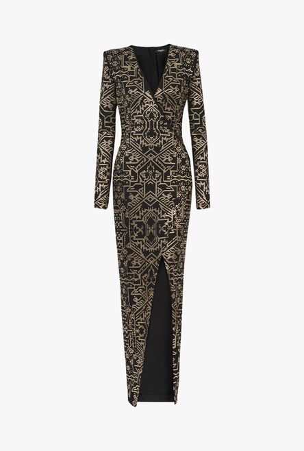 Long black and gold embroidered dress - 1