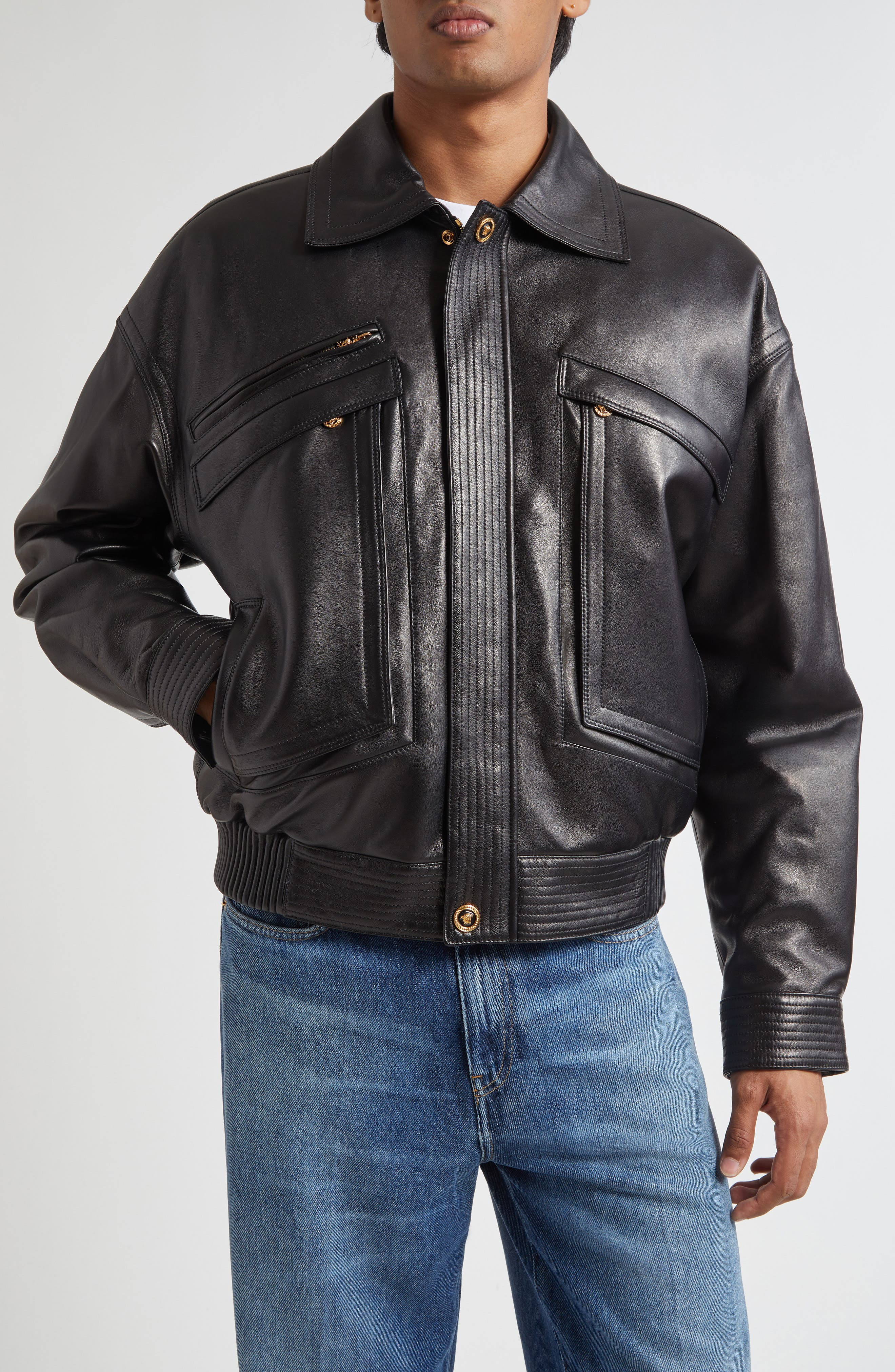 Versace Plongé Leather Blouson Jacket in Black at Nordstrom - 1