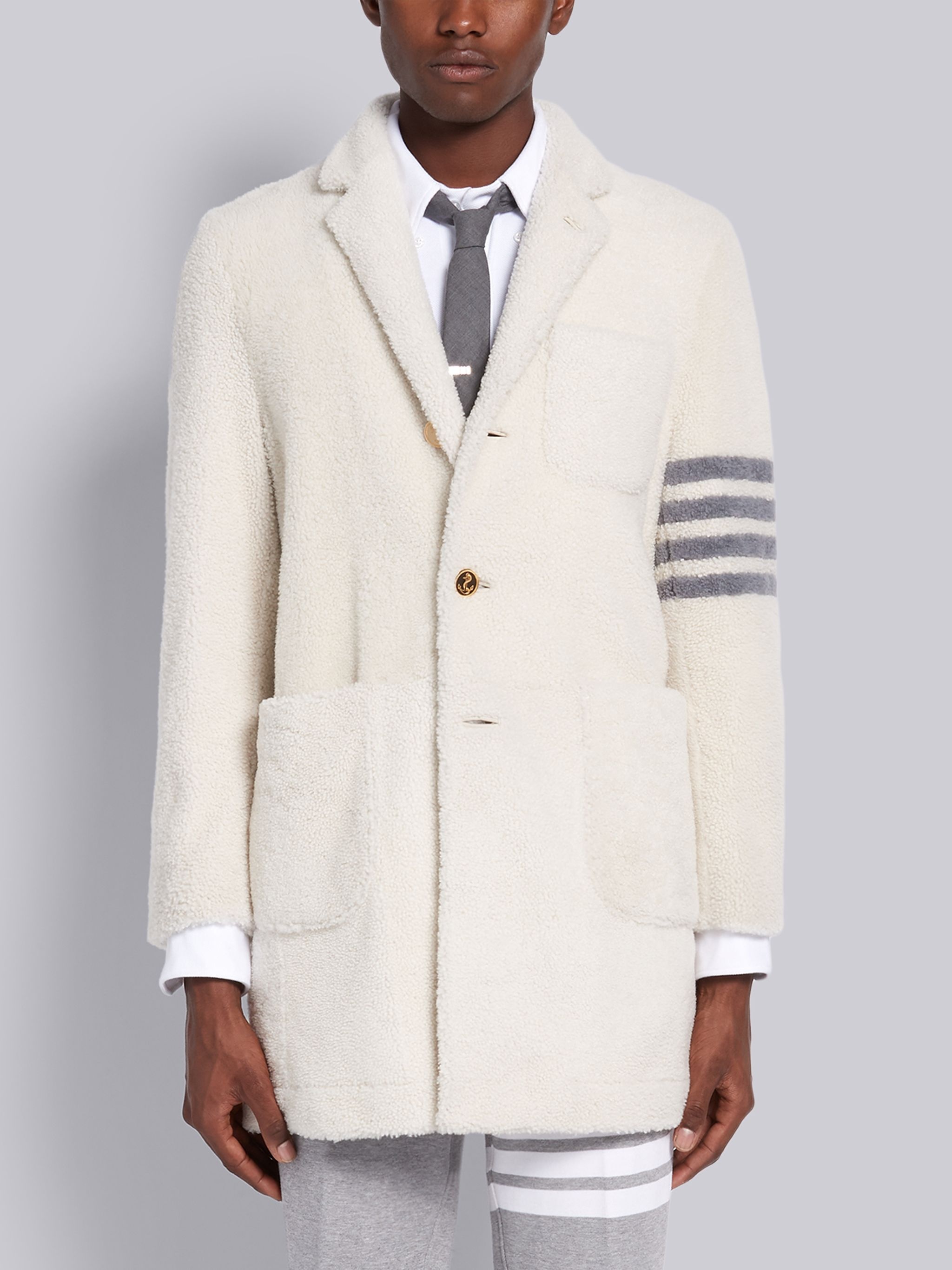 White Dyed Shearling 4-Bar Sack Overcoat - 1