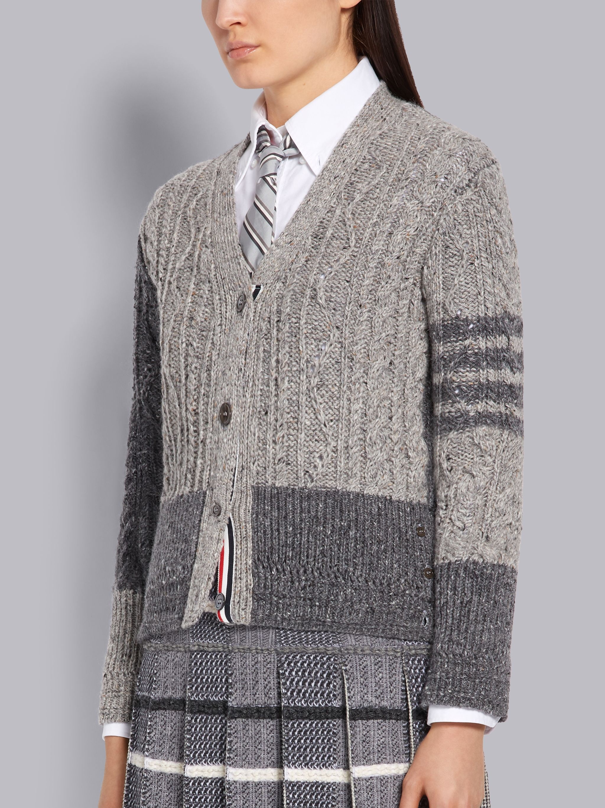 Tonal Grey Fun-mix Mohair Wool Tweed Aran Cable Classic V-neck 4-Bar Cardigan - 2