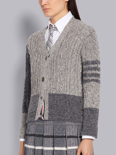 Thom Browne Tonal Grey Fun-mix Mohair Wool Tweed Aran Cable Classic V-neck 4-Bar Cardigan outlook