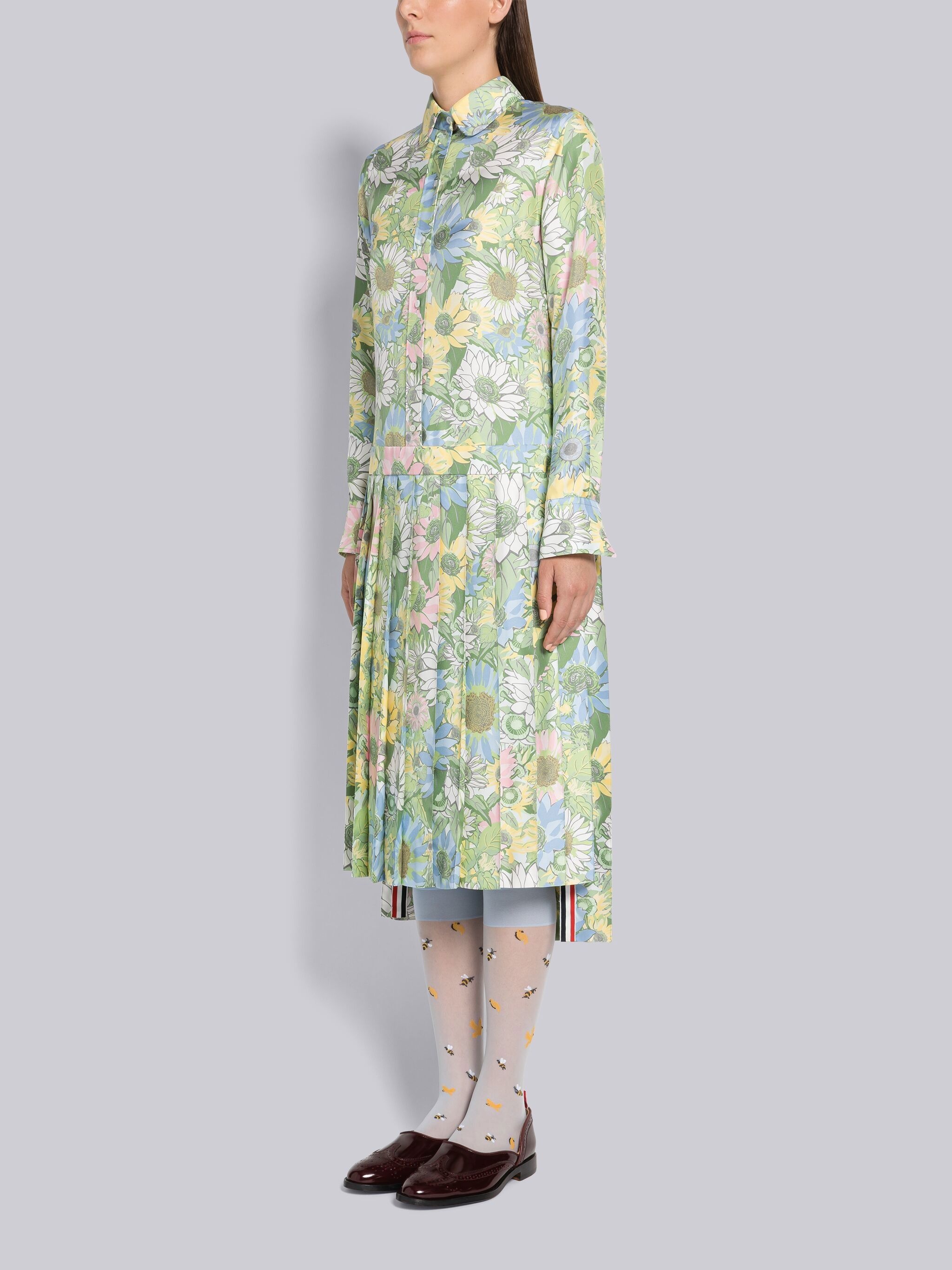 Floral Silk Twill Pleated Below the Knee Shirtdress - 2