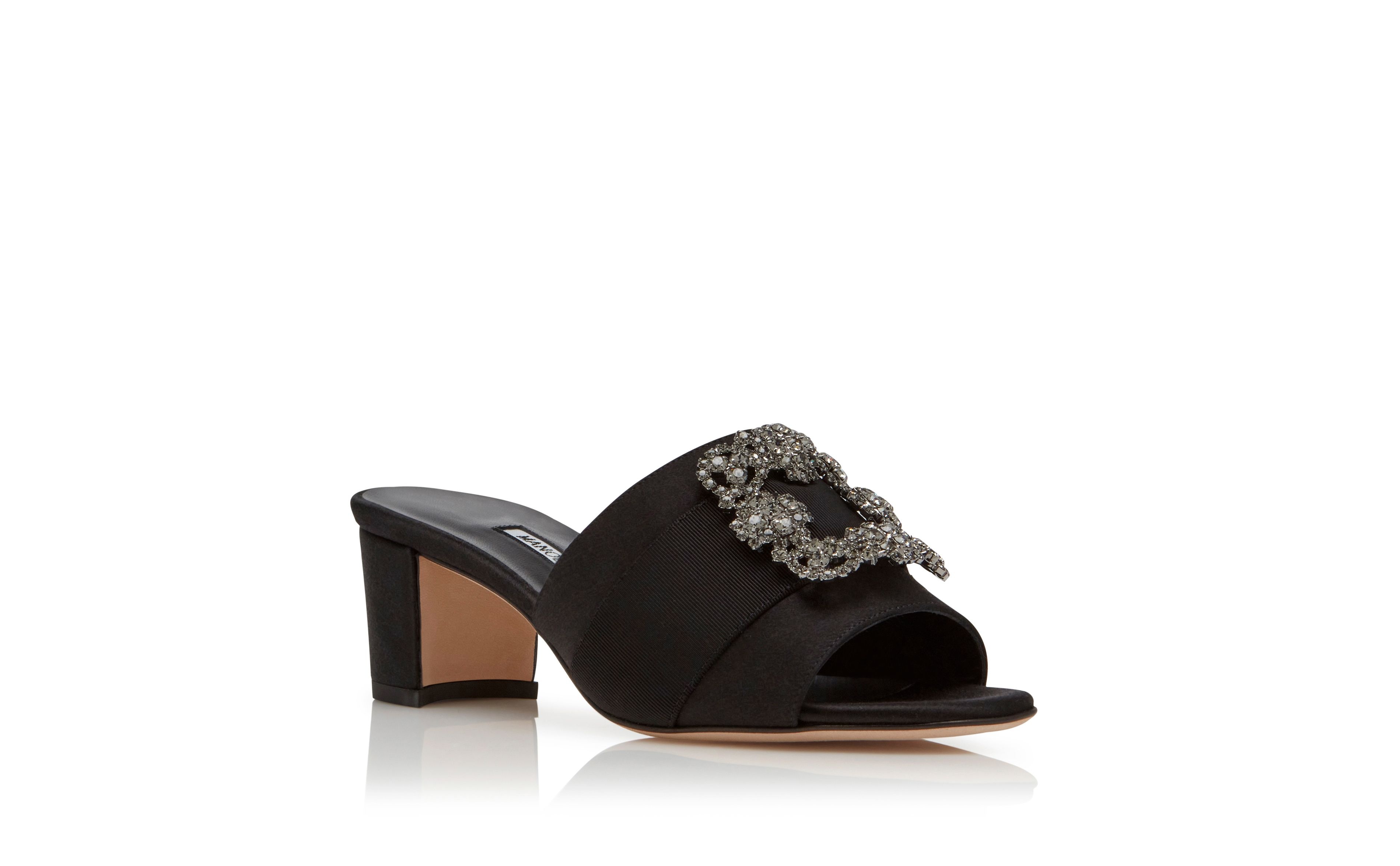 Black Satin Jewel Buckle Mules - 3