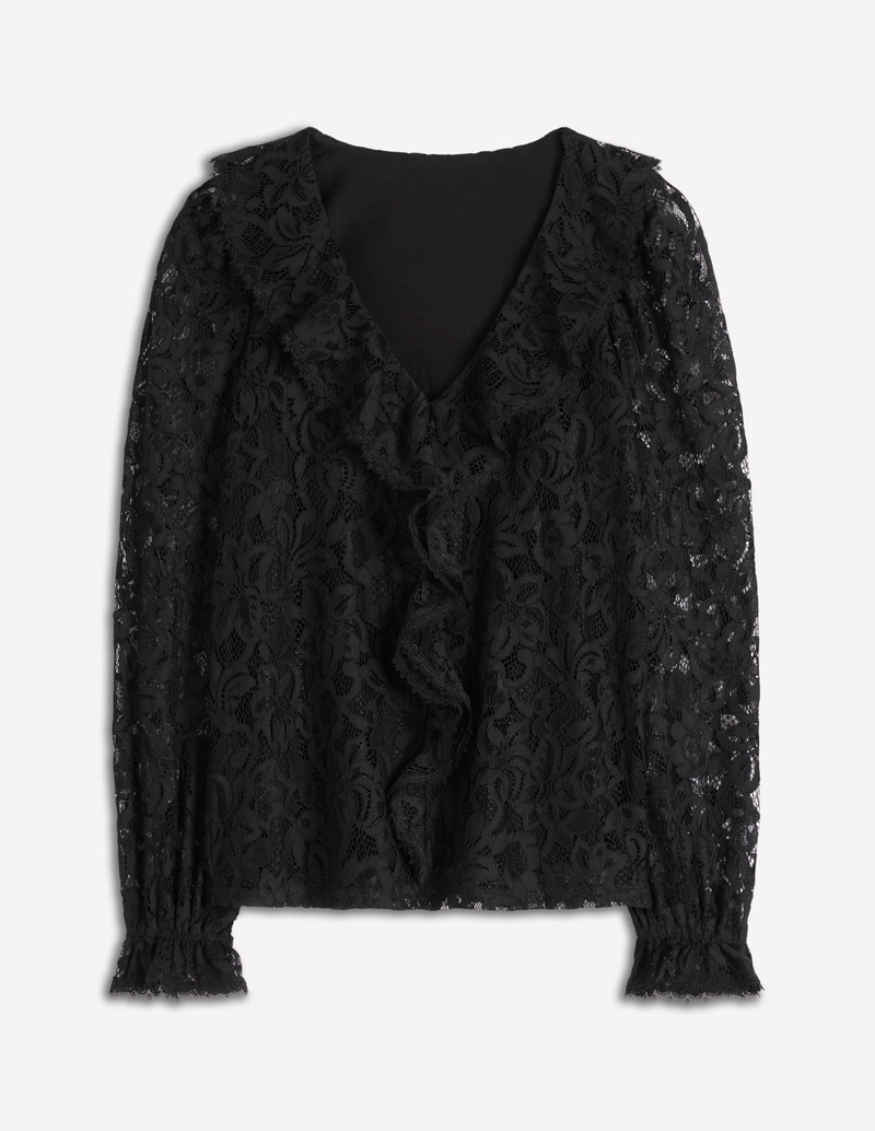Ruffle Detail Lace Blouse-Black 1