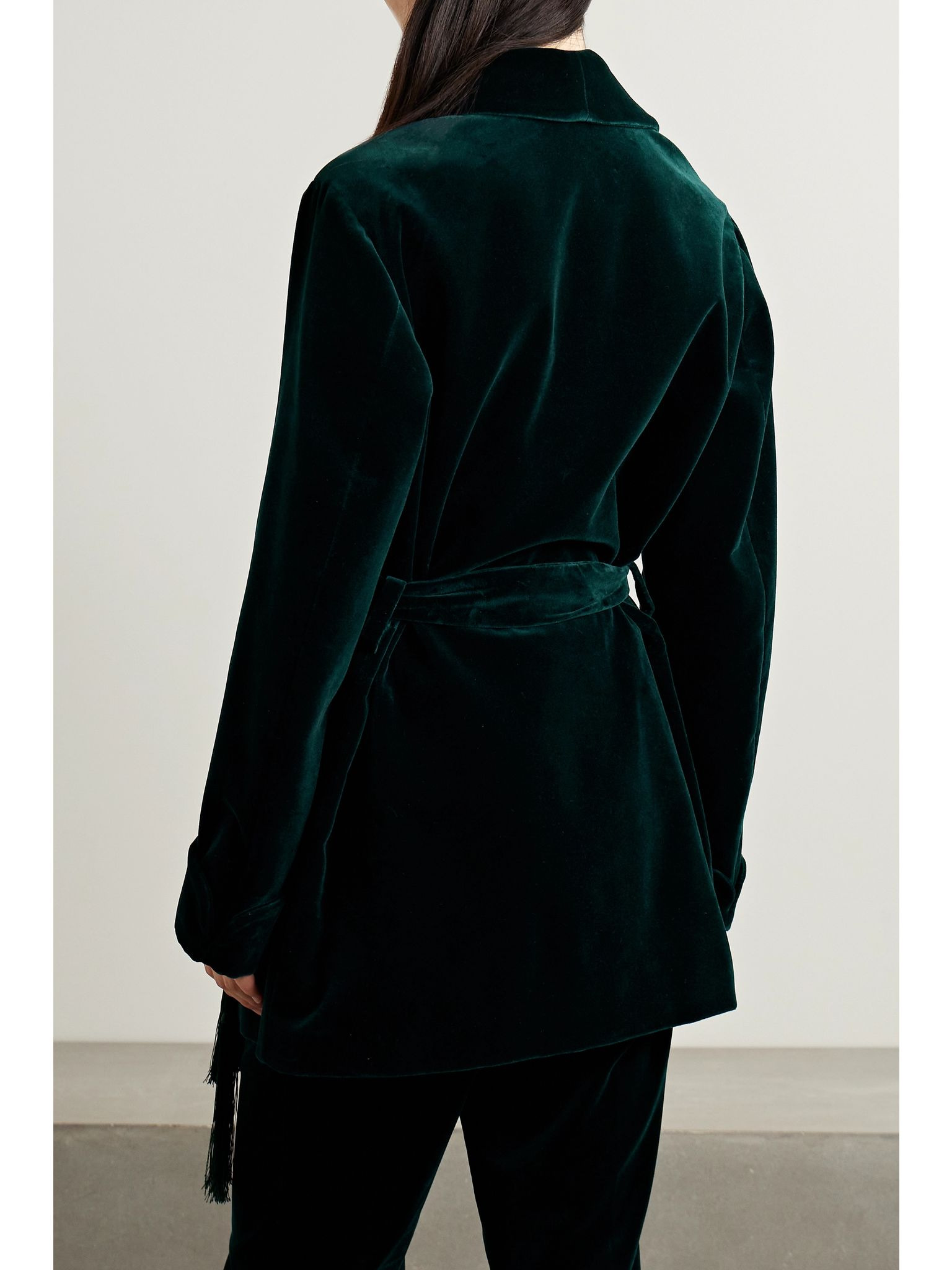Raniya belted macramé-trimmed cotton-blend velvet jacket Dark green - 4