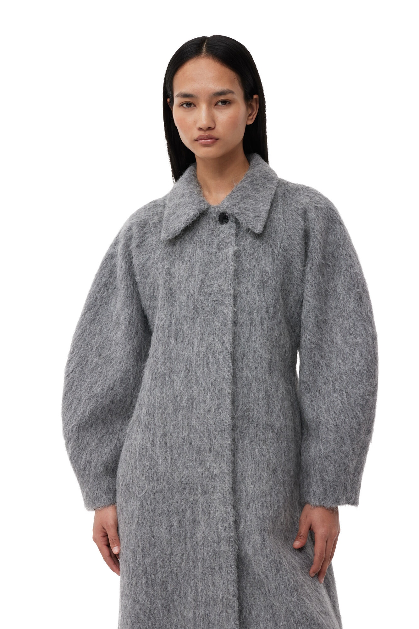 GREY FLUFFY WOOL CURVED SLEEVES COAT - 5