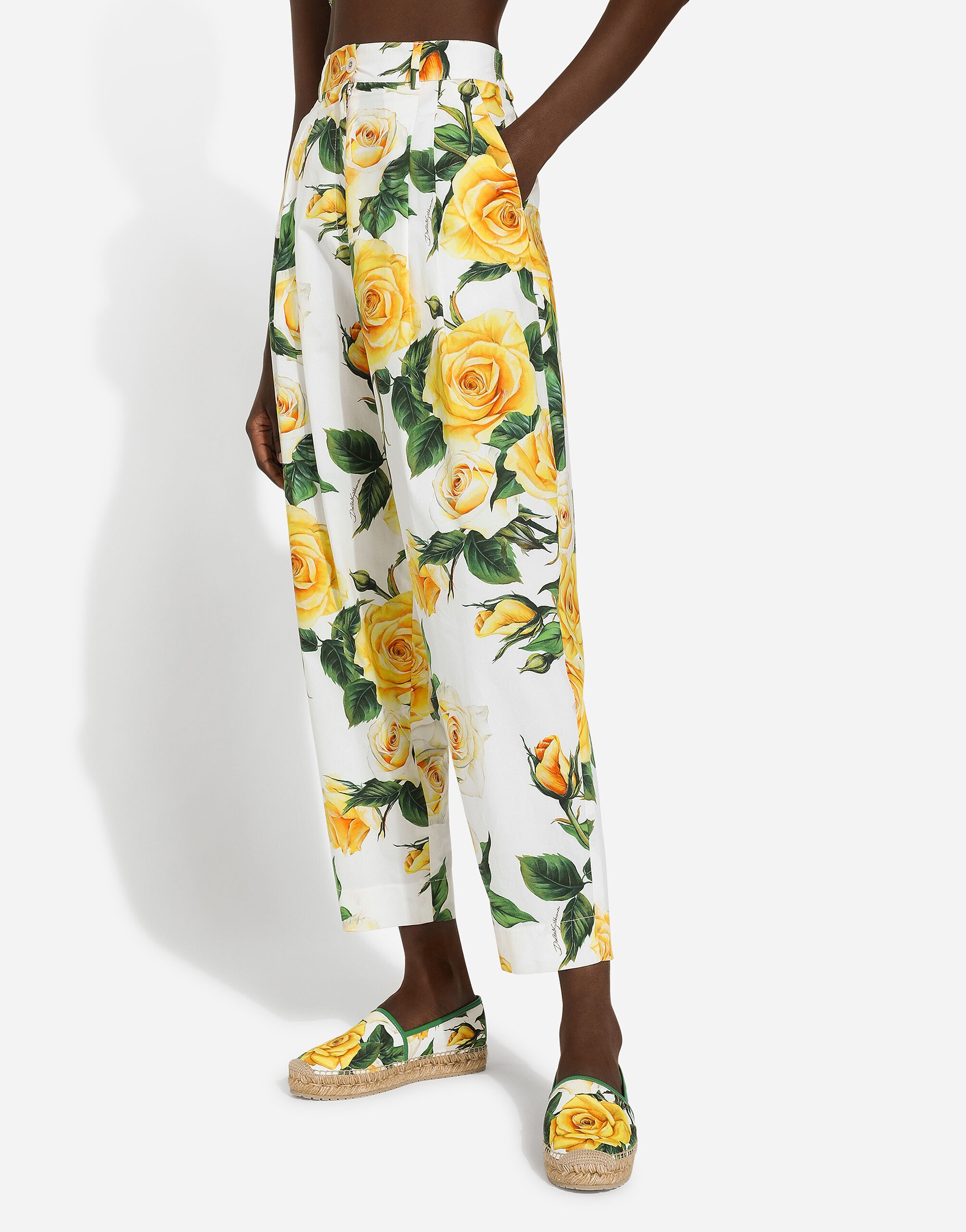 High-waisted cotton pants with yellow rose print - 4