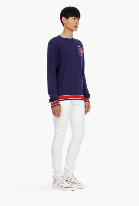 Navy blue cotton sweater with embroidered red and white Balmain logo - 6