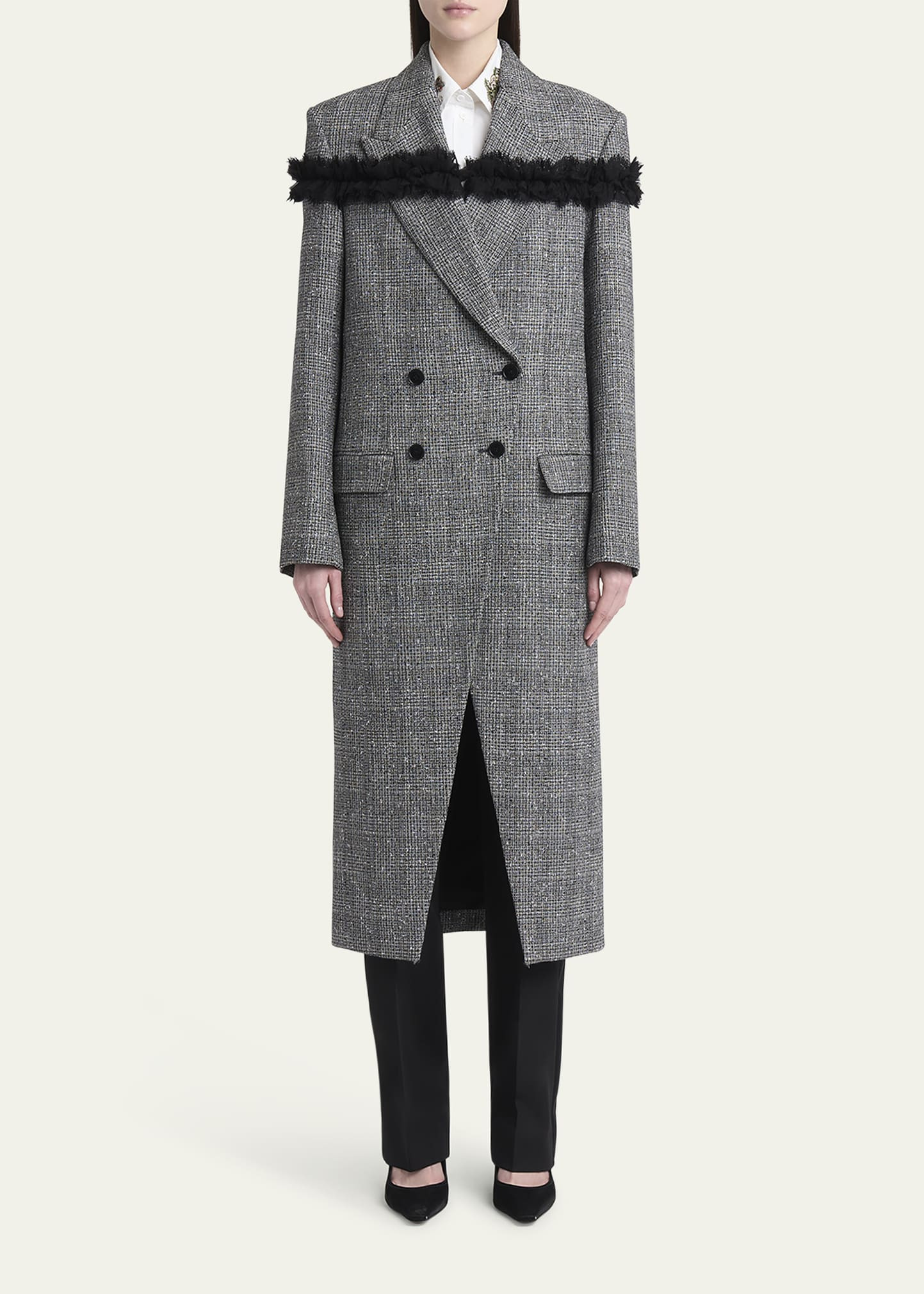 Ruffle Paillette Check Tweed Double-Breasted Long Coat - 2