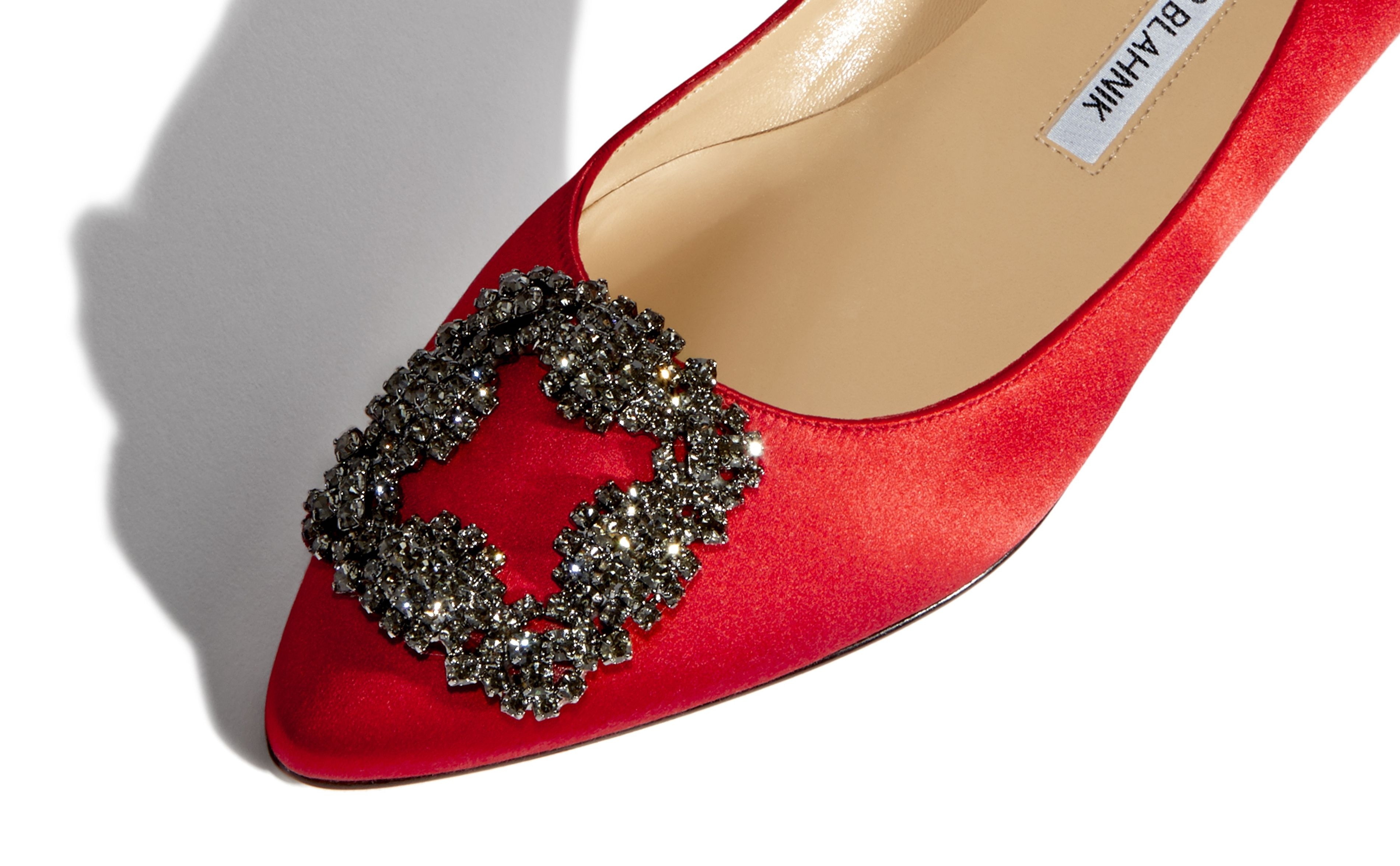 Red Satin Jewel Buckle Flat Shoes - 4