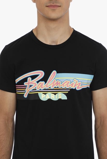 EXCLUSIVE - Black cotton T-shirt with multicolor Balmain Paris logo - 6