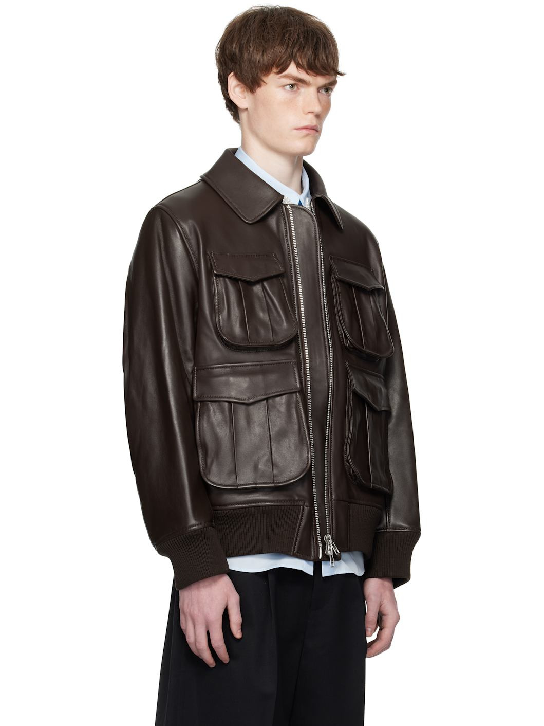 Brown Oversized Multi Pocket Aviator Leather Jacket - 2