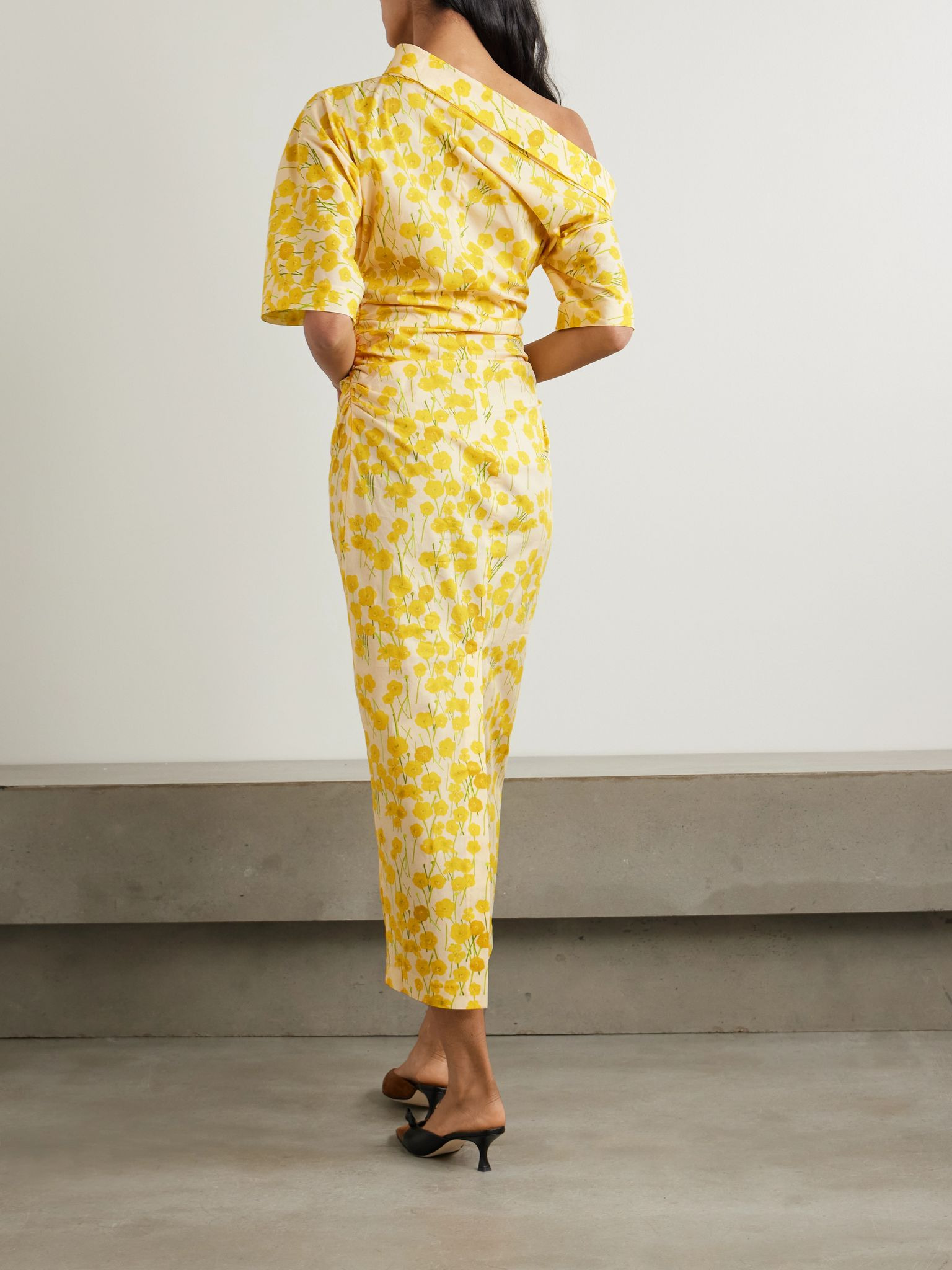 Bowery one-shoulder floral-print stretch-cotton midi dress Yellow - 3