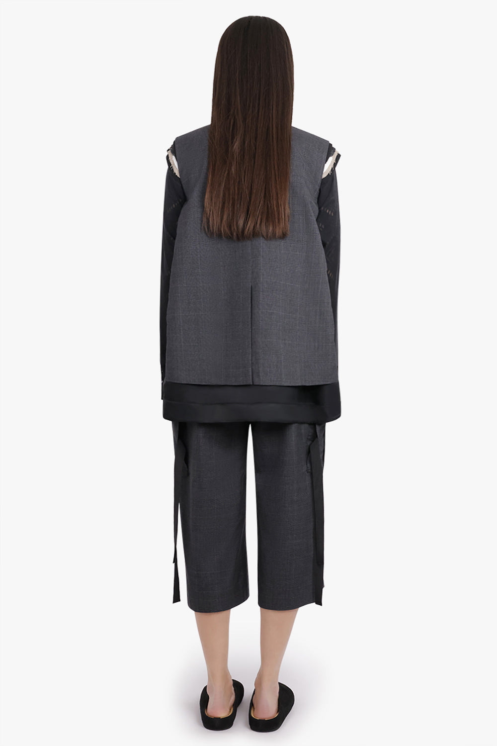 GLEN CHECK PRINT CONTRAST PANEL LONGLINE VEST WITH EXPOSED SHOULDER PADS | GREY/BLACK - 5