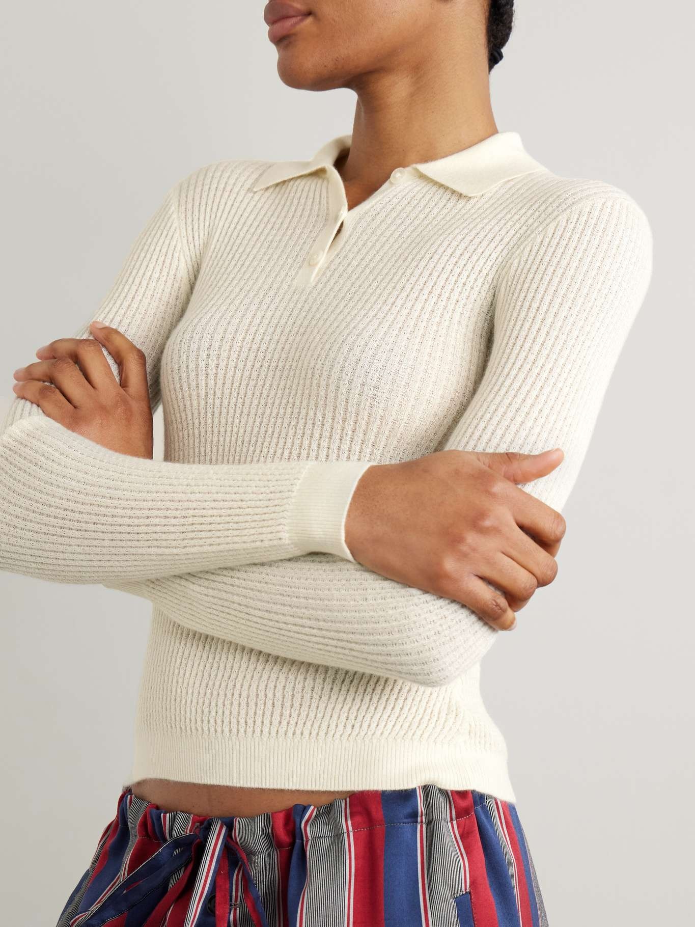 Cropped ribbed-knit cashmere polo top Cream - 3
