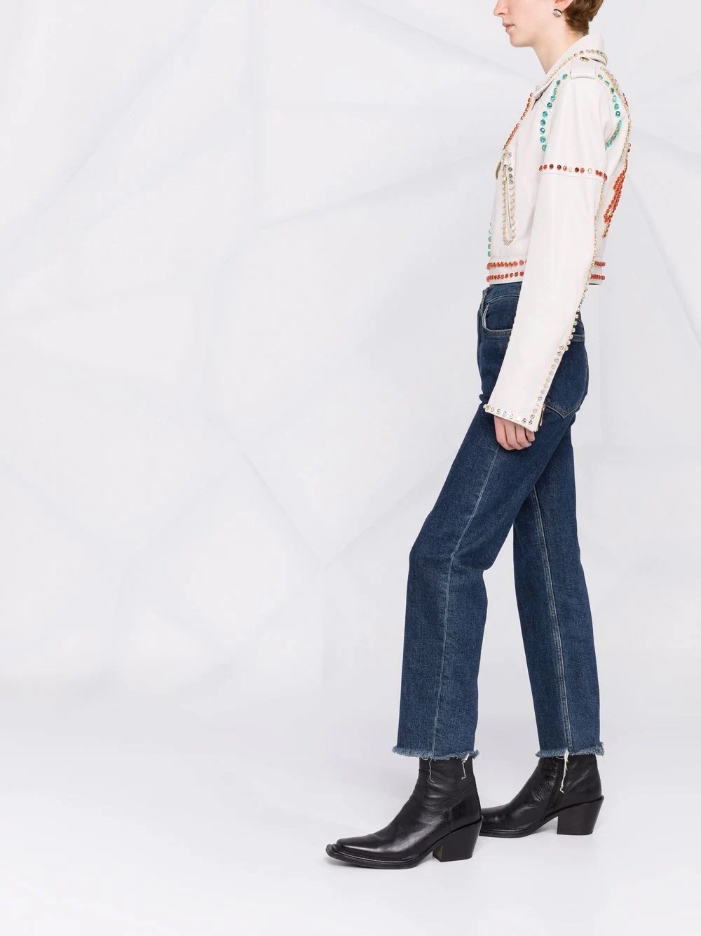 crystal-trim studded cropped biker jacket - 4